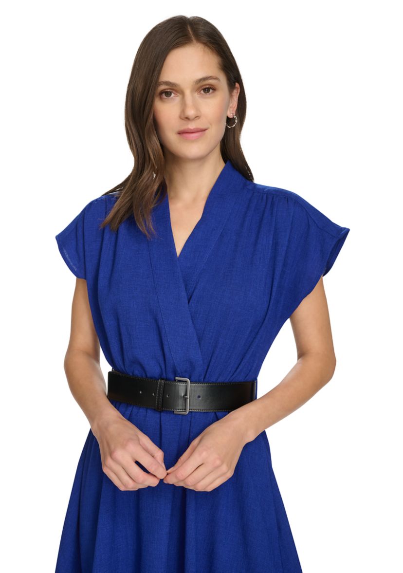 Womens Short Sleeve V-Neck Belted Fit and Flare Dress