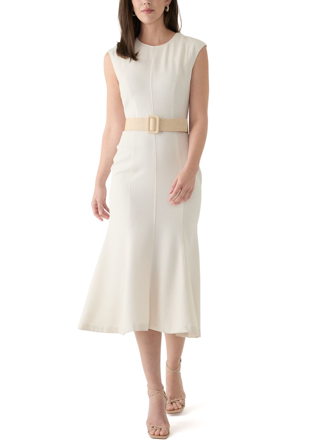 Womens Solid Belted A-Line Dress