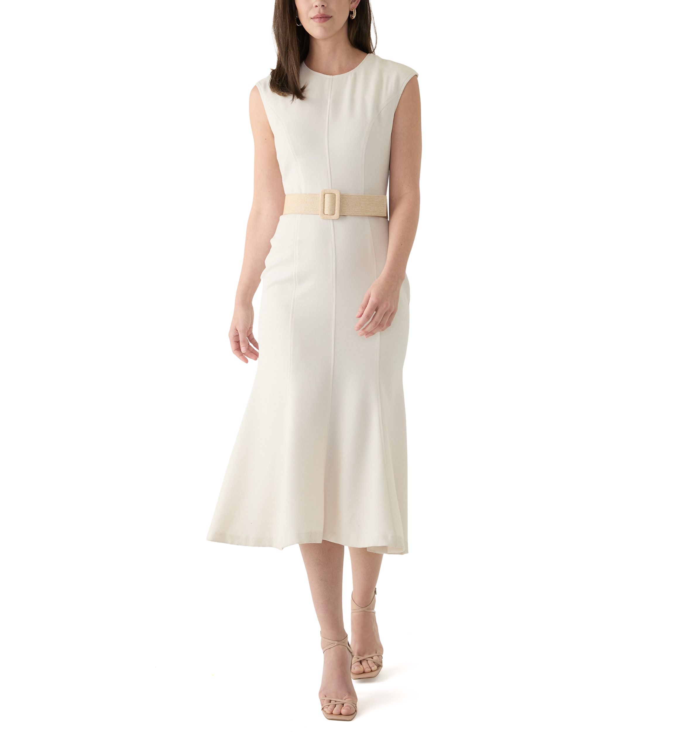Womens Solid Belted A-Line Dress
