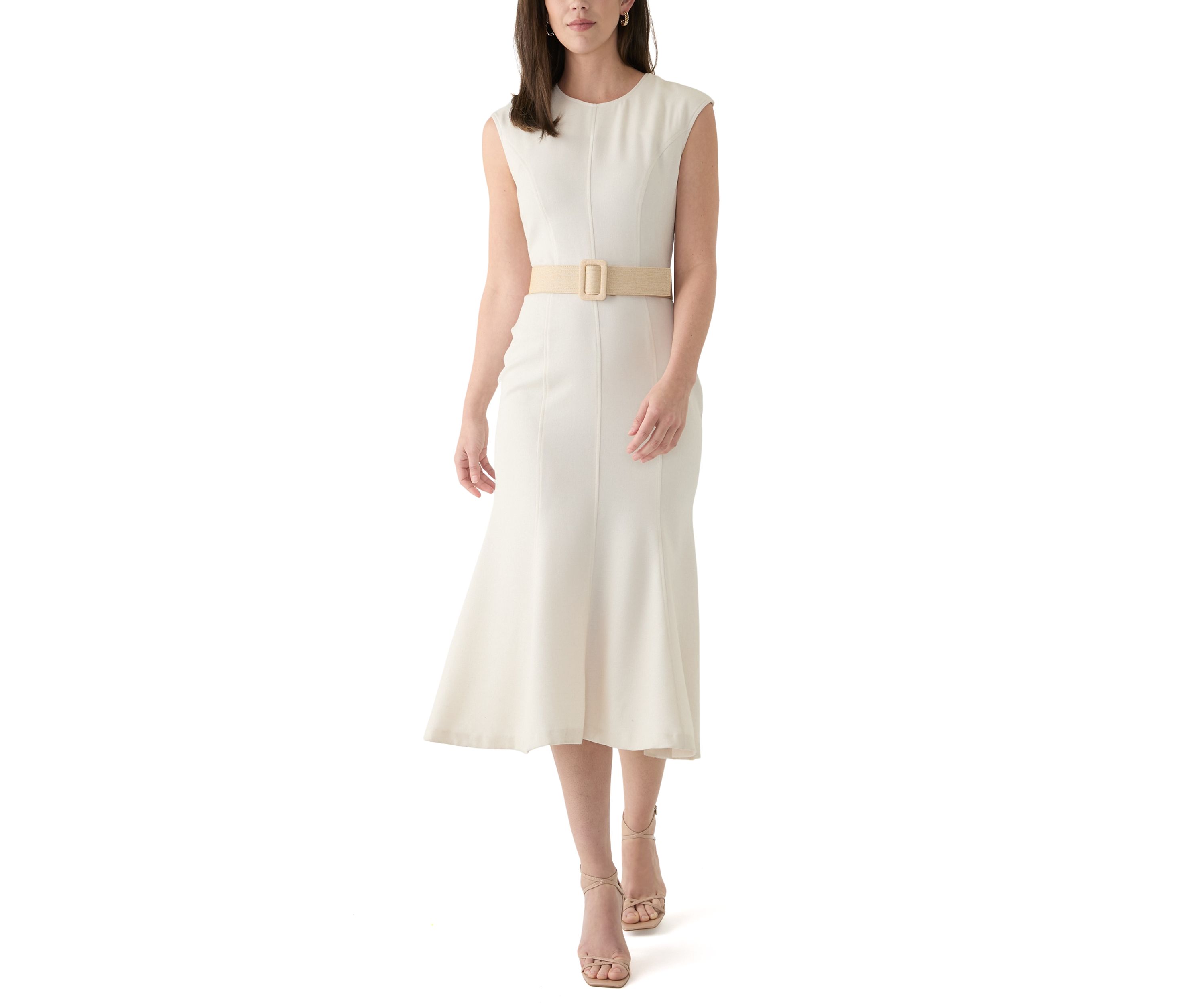 Womens Solid Belted A-Line Dress