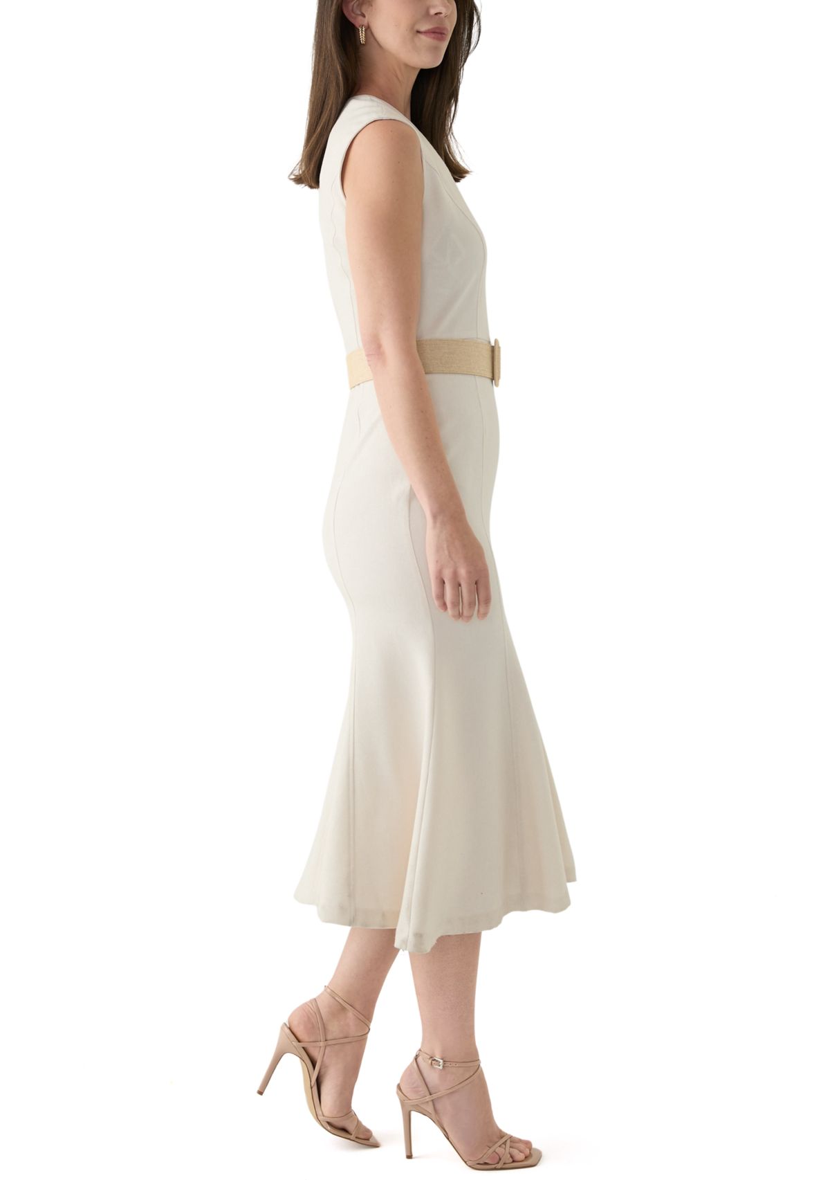 Womens Solid Belted A-Line Dress