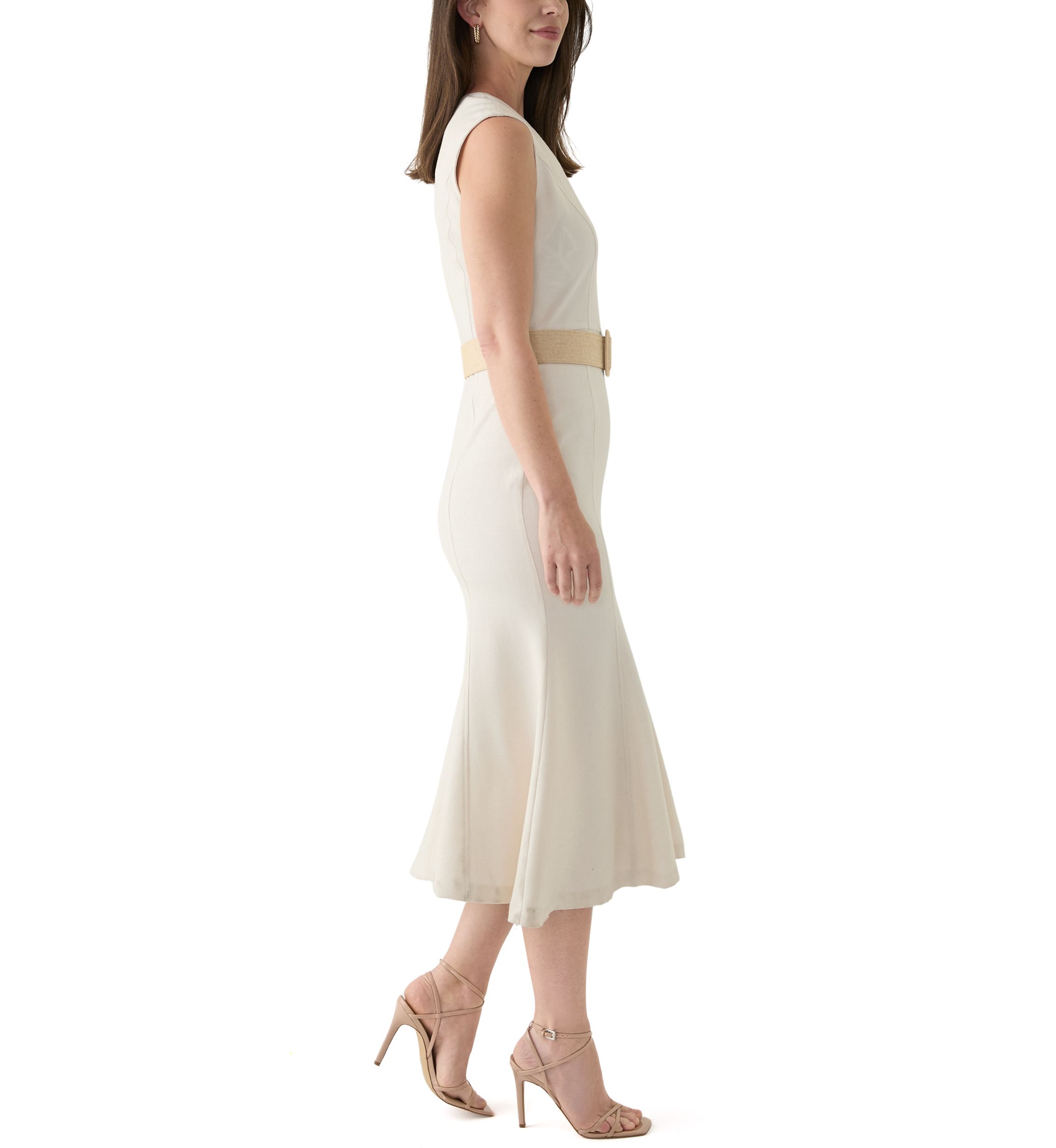 Womens Solid Belted A-Line Dress