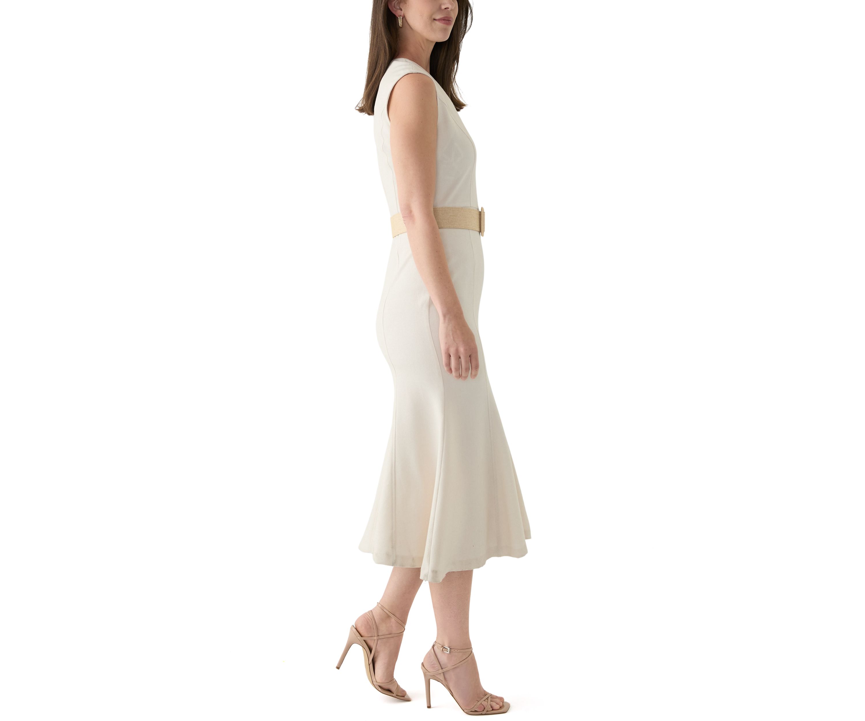 Womens Solid Belted A-Line Dress