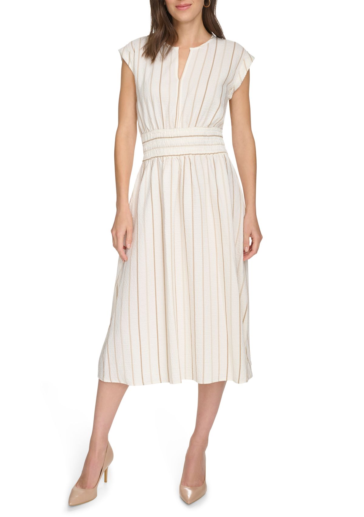 Womens Cap Sleeve V-Neck Stripe Print A-Line Dress