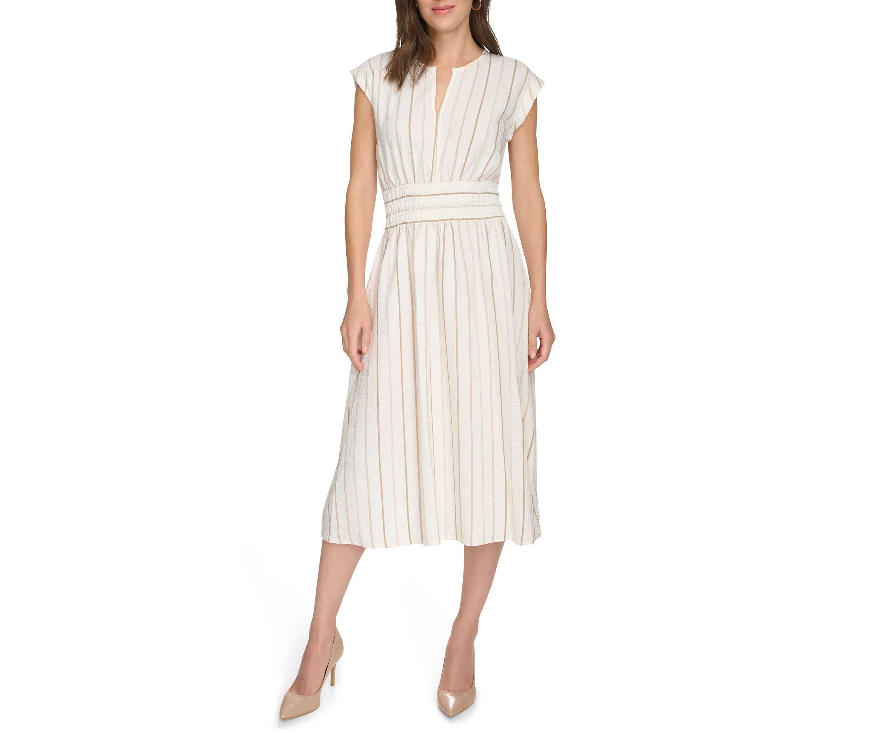 Womens Cap Sleeve V-Neck Stripe Print A-Line Dress