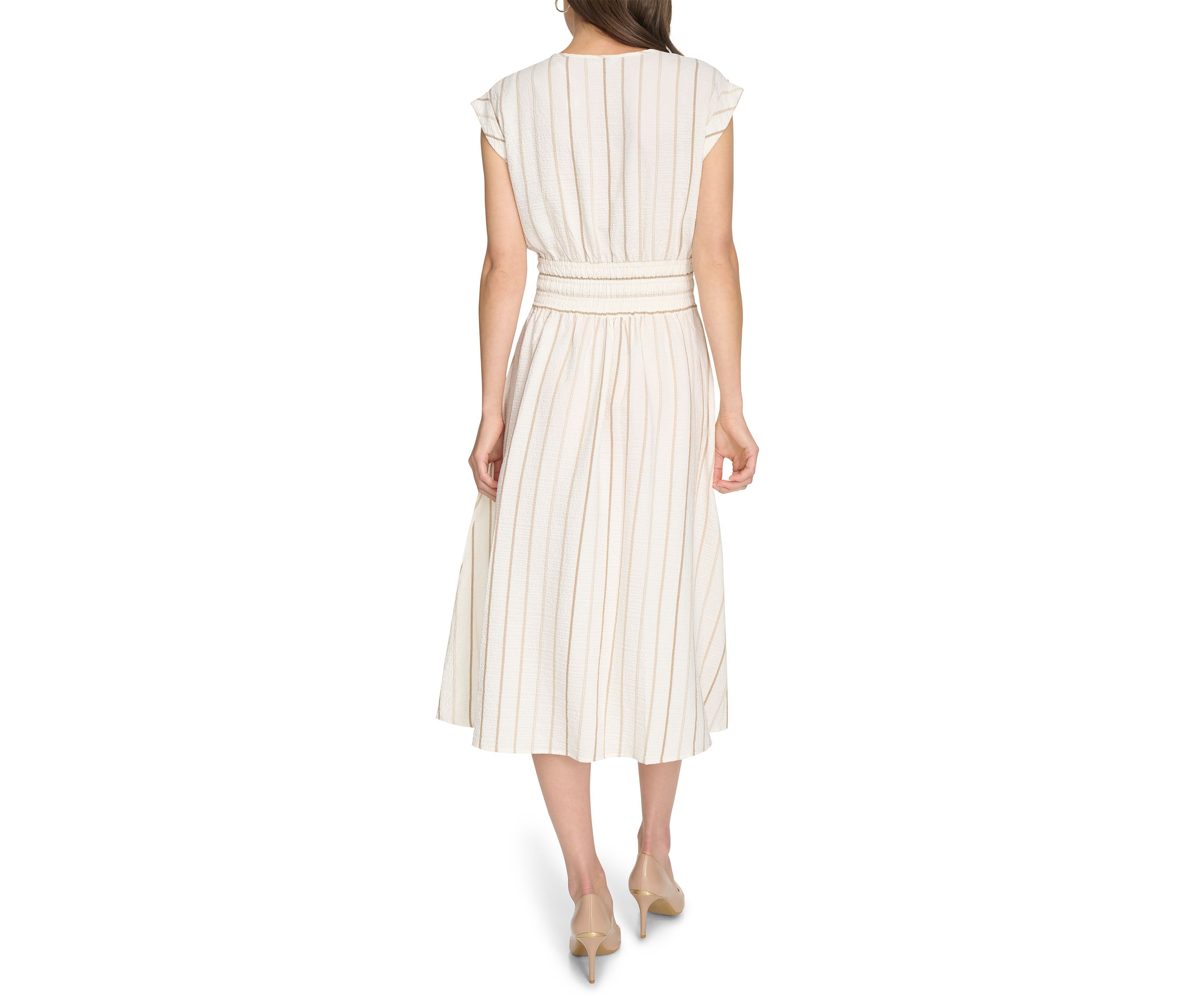 Womens Cap Sleeve V-Neck Stripe Print A-Line Dress