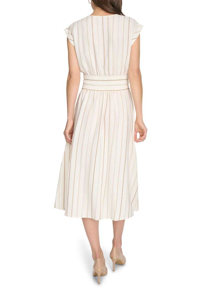 Womens Cap Sleeve V-Neck Stripe Print A-Line Dress