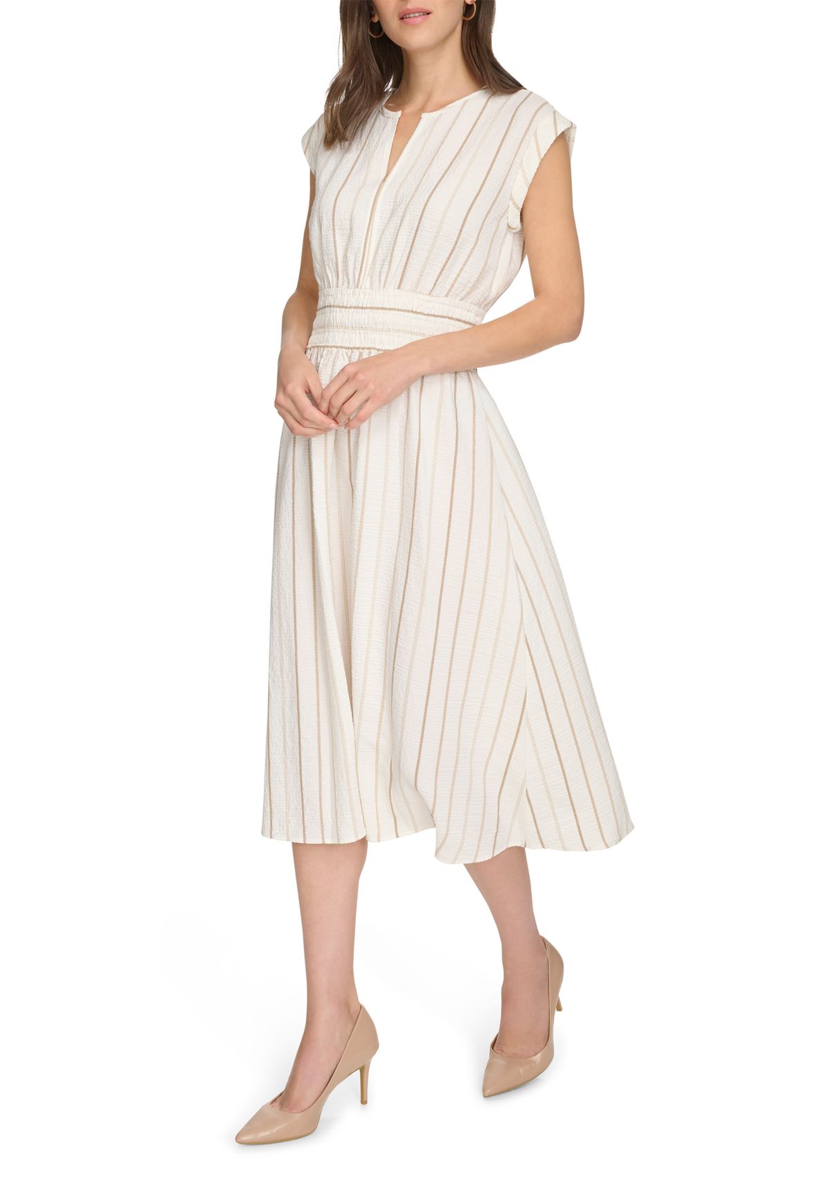 Womens Cap Sleeve V-Neck Stripe Print A-Line Dress