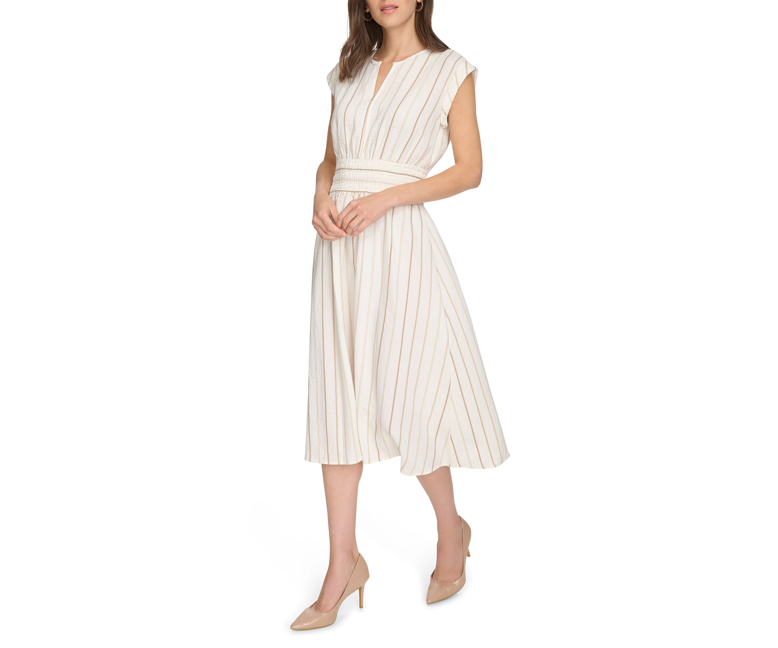 Womens Cap Sleeve V-Neck Stripe Print A-Line Dress