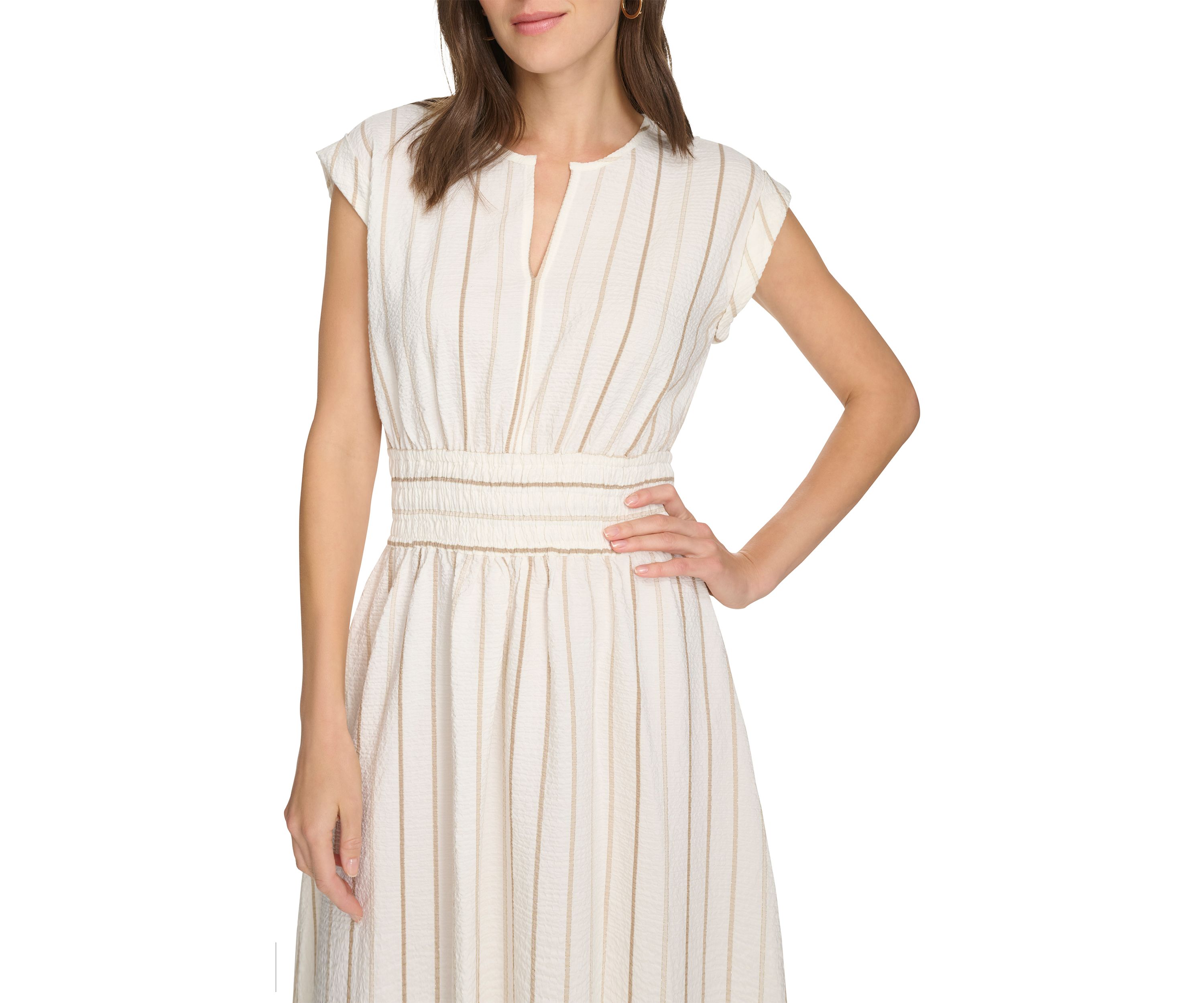 Womens Cap Sleeve V-Neck Stripe Print A-Line Dress