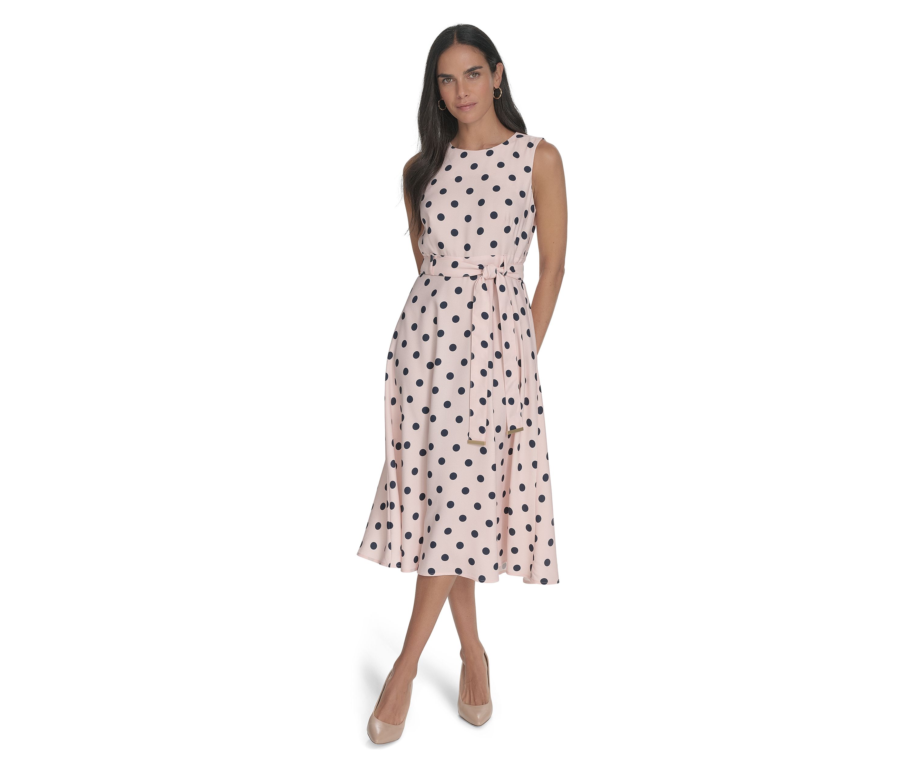 Womens Sleeveless Crew Neck Dot Print Fit and Flare Dress