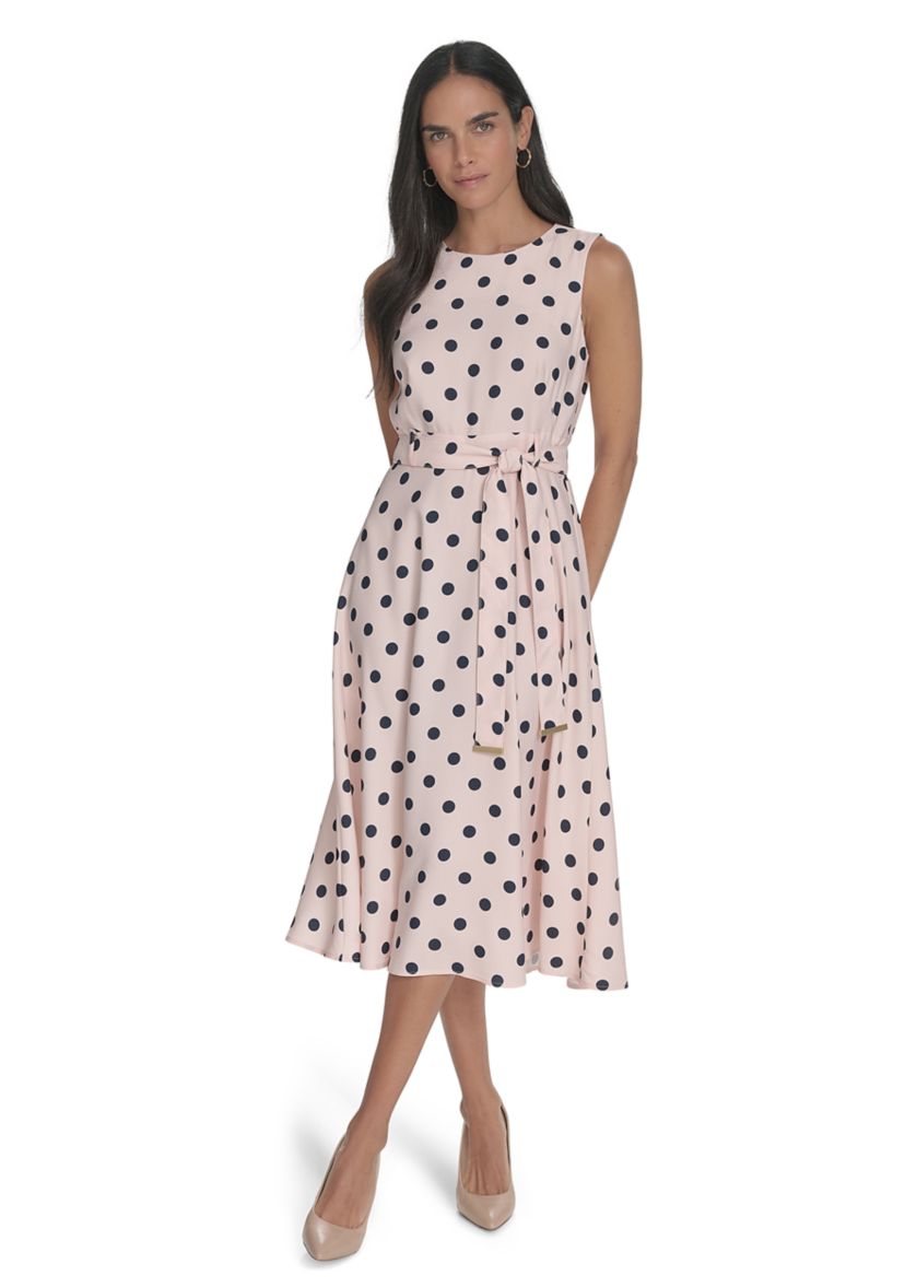Womens Sleeveless Crew Neck Dot Print Fit and Flare Dress