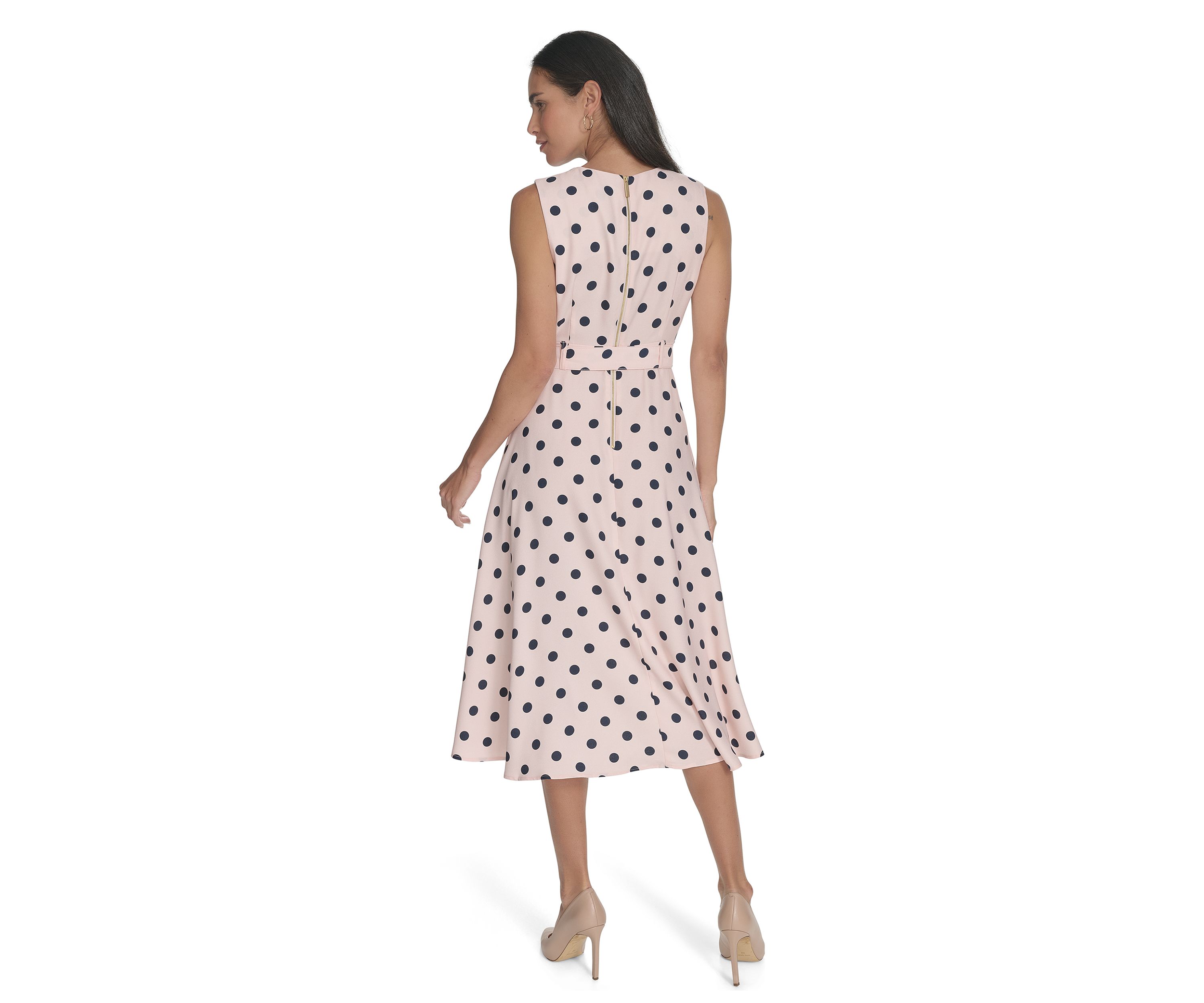 Womens Sleeveless Crew Neck Dot Print Fit and Flare Dress