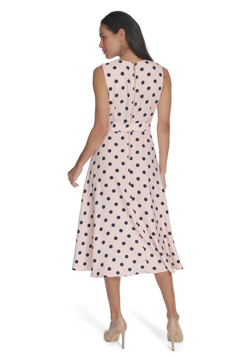 Womens Sleeveless Crew Neck Dot Print Fit and Flare Dress
