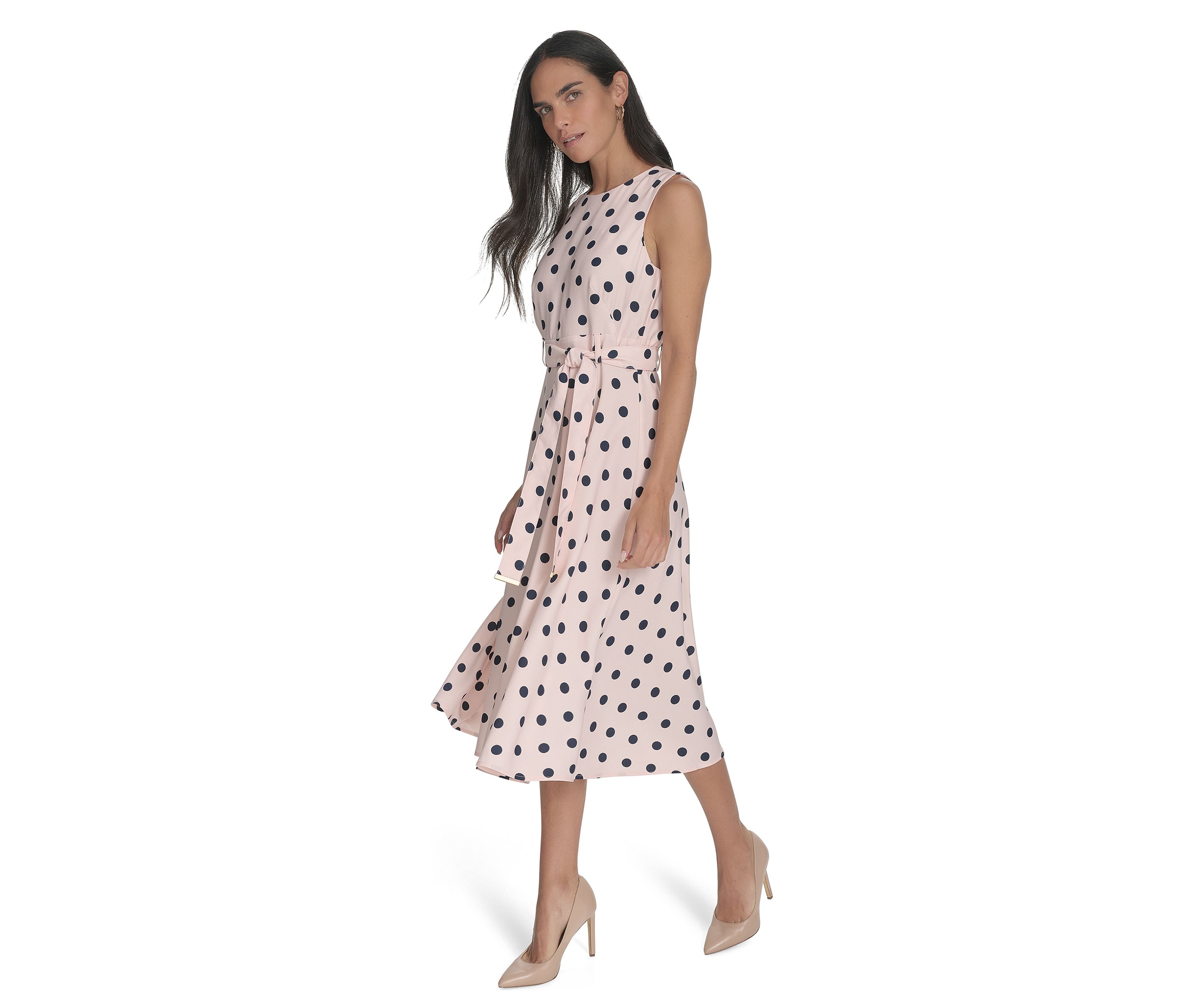 Womens Sleeveless Crew Neck Dot Print Fit and Flare Dress