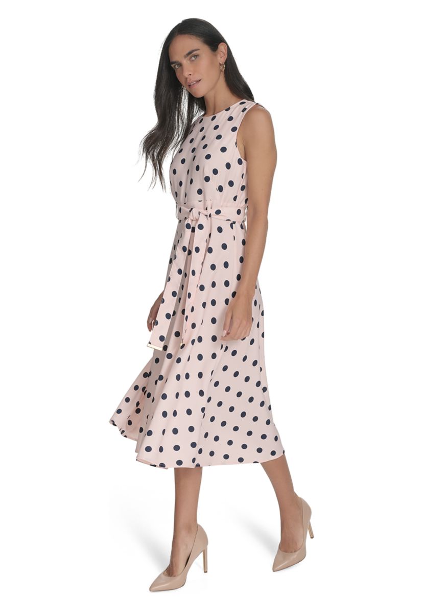 Womens Sleeveless Crew Neck Dot Print Fit and Flare Dress