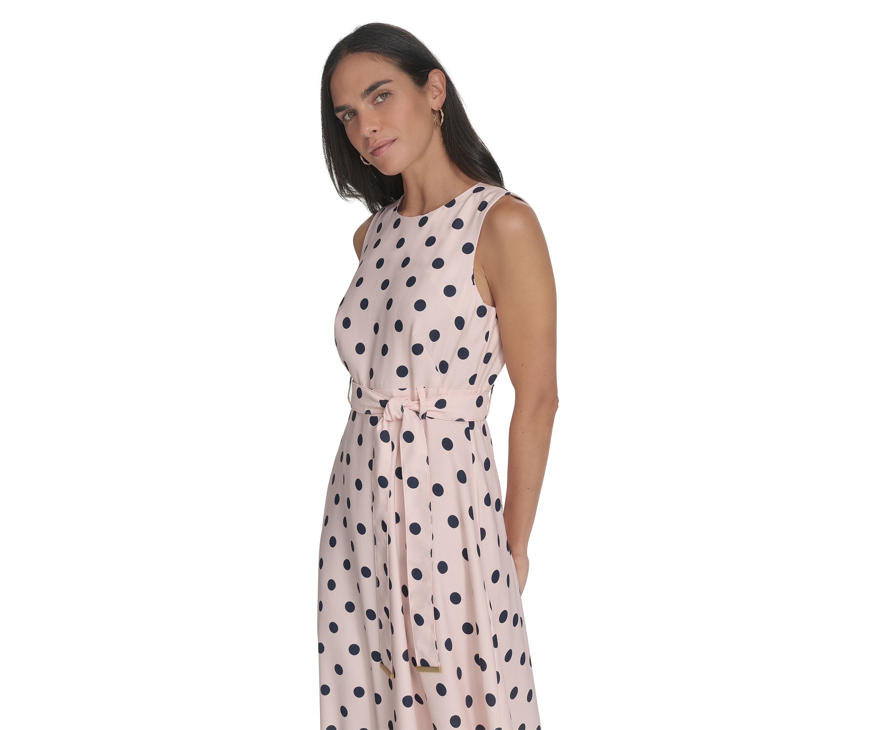 Womens Sleeveless Crew Neck Dot Print Fit and Flare Dress