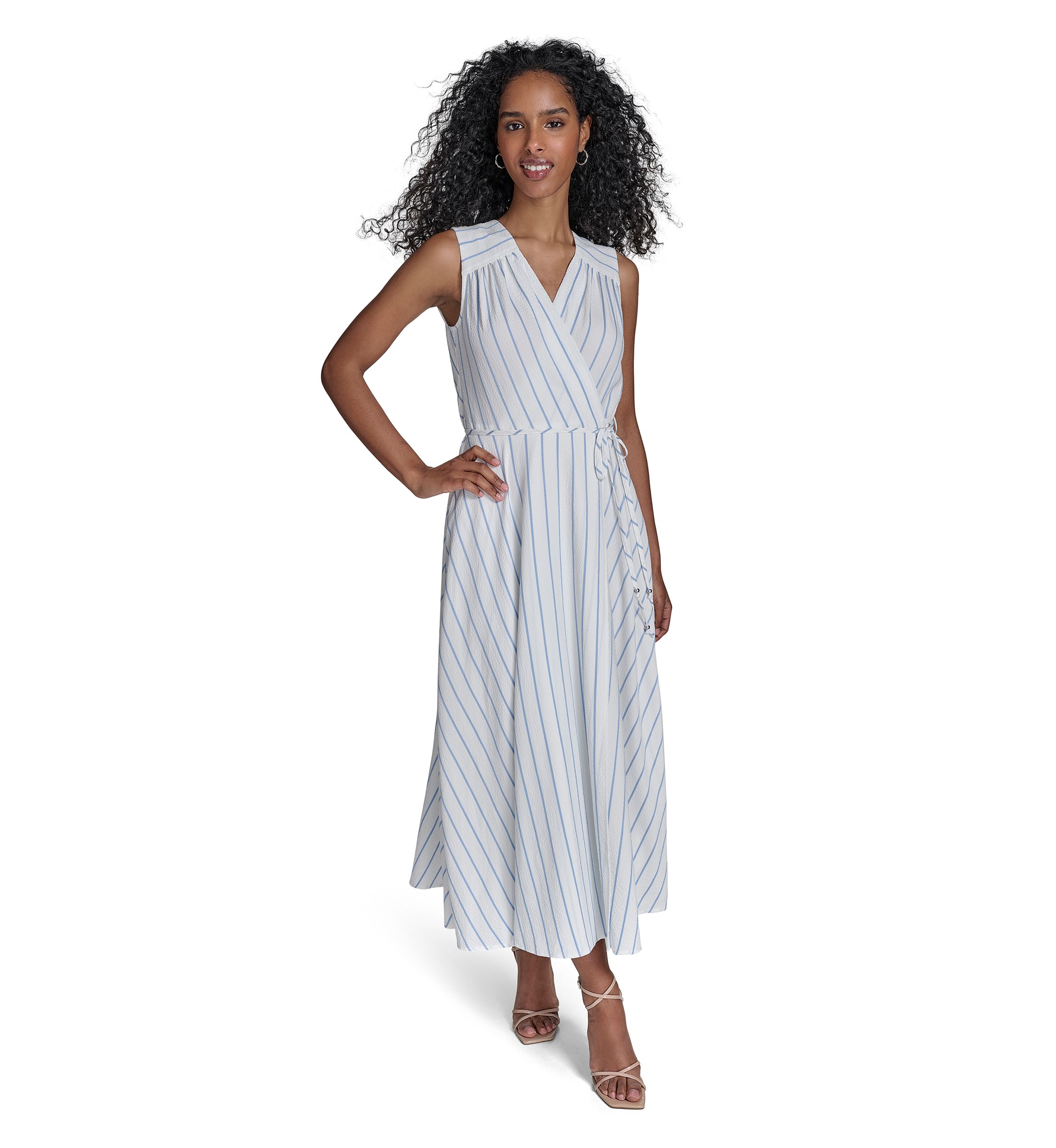 Womens Sleeveless V-Neck Stripe Print A-Line Dress