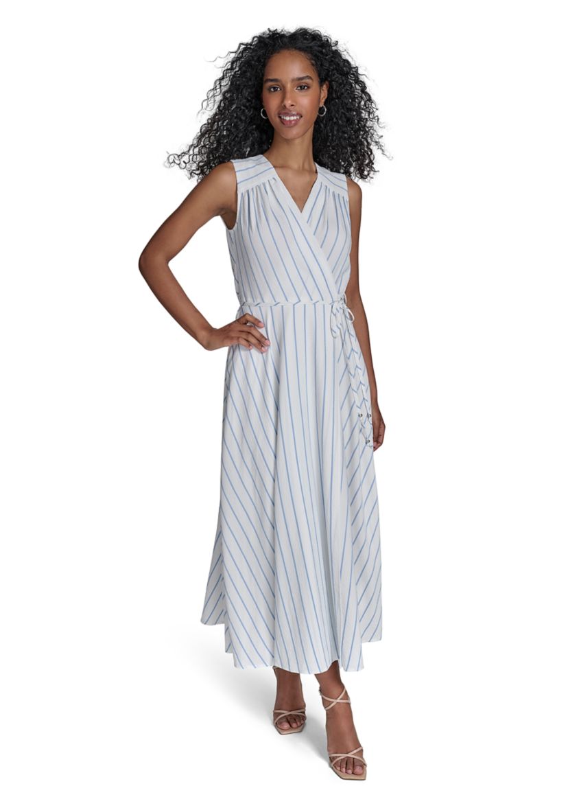 Womens Sleeveless V-Neck Stripe Print A-Line Dress