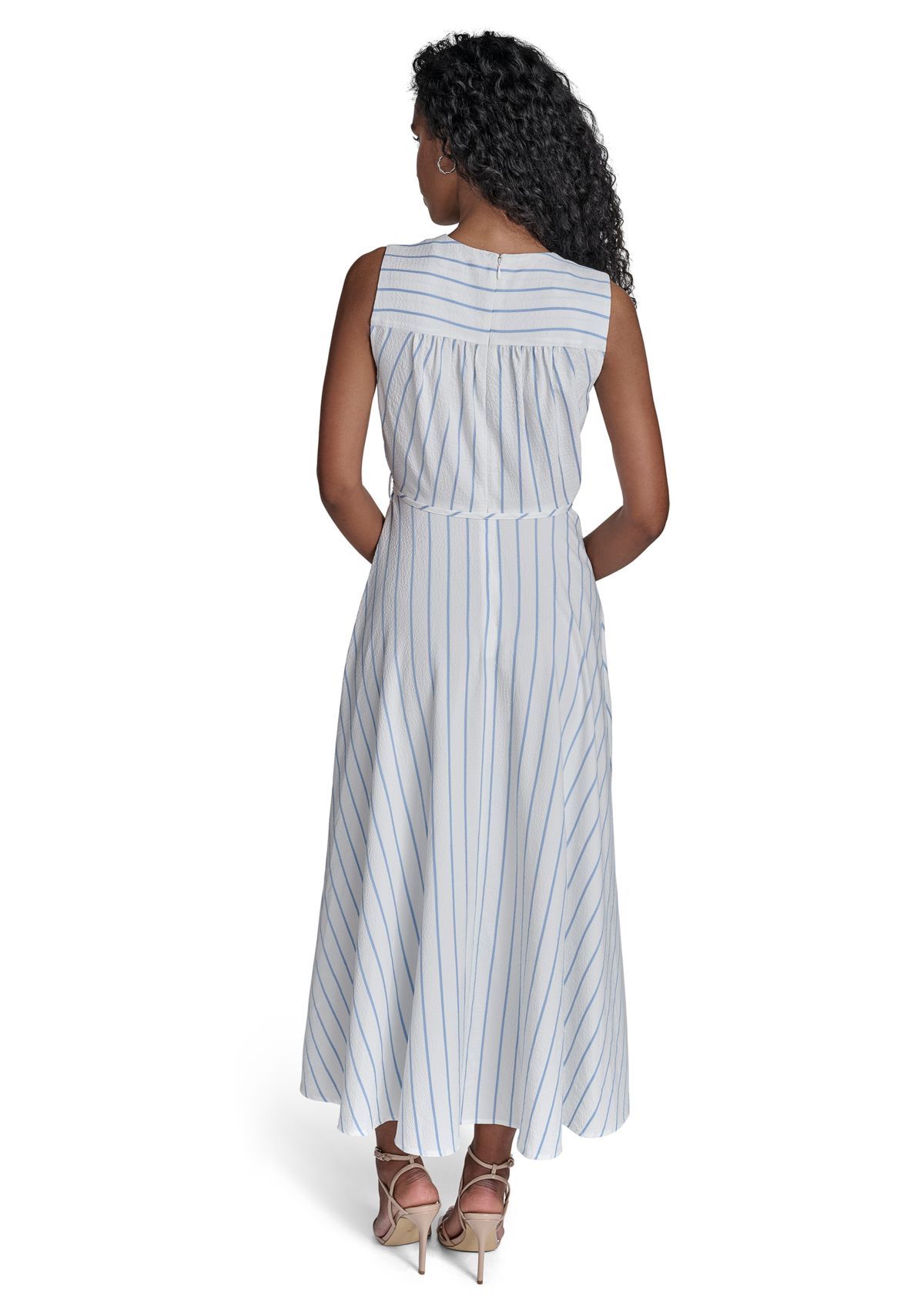 Womens Sleeveless V-Neck Stripe Print A-Line Dress