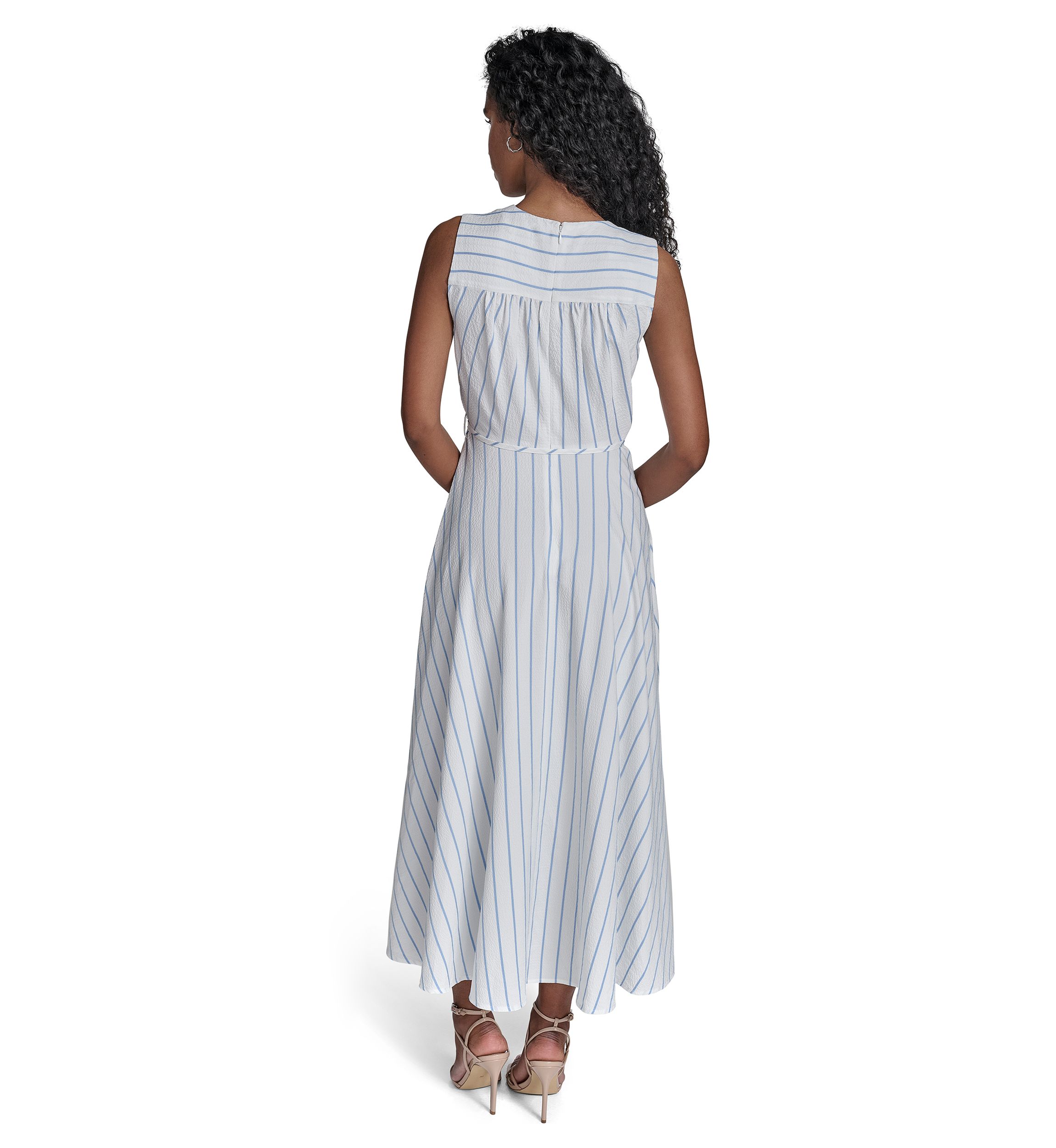 Womens Sleeveless V-Neck Stripe Print A-Line Dress