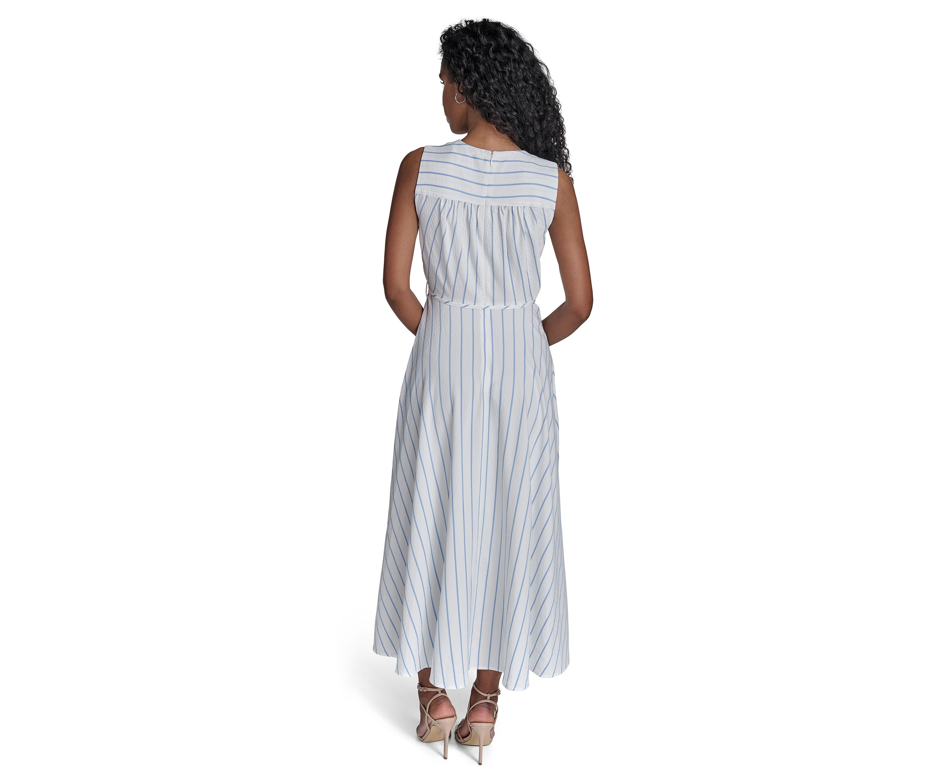 Womens Sleeveless V-Neck Stripe Print A-Line Dress
