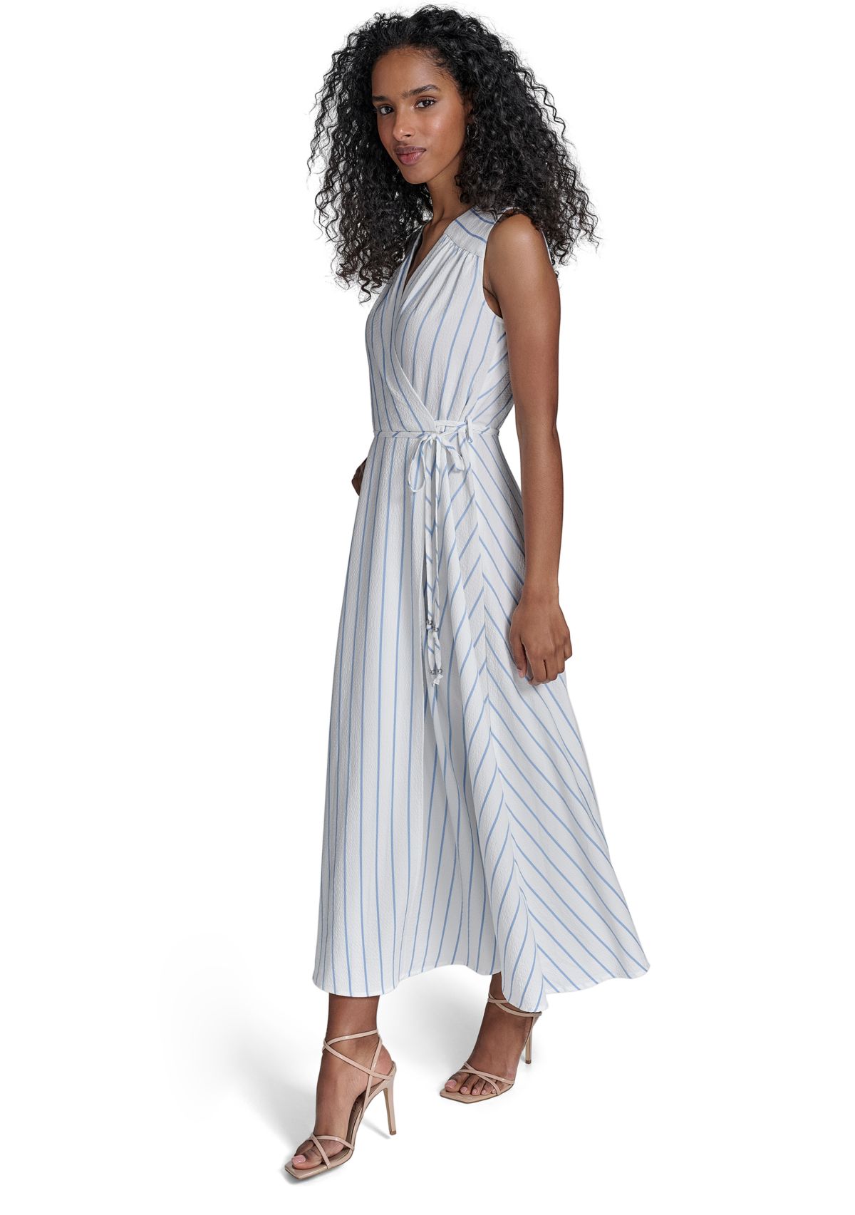 Womens Sleeveless V-Neck Stripe Print A-Line Dress