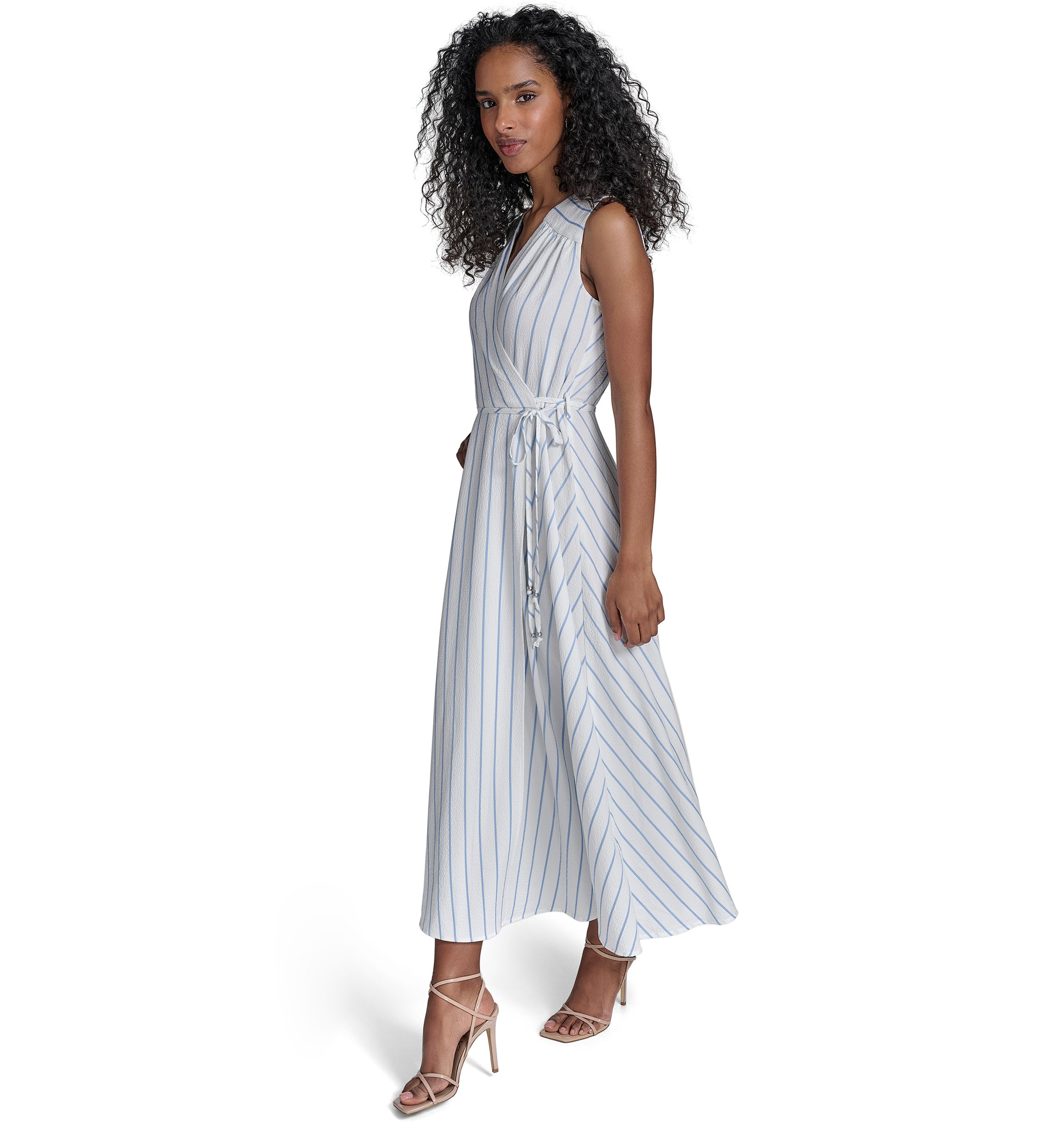 Womens Sleeveless V-Neck Stripe Print A-Line Dress