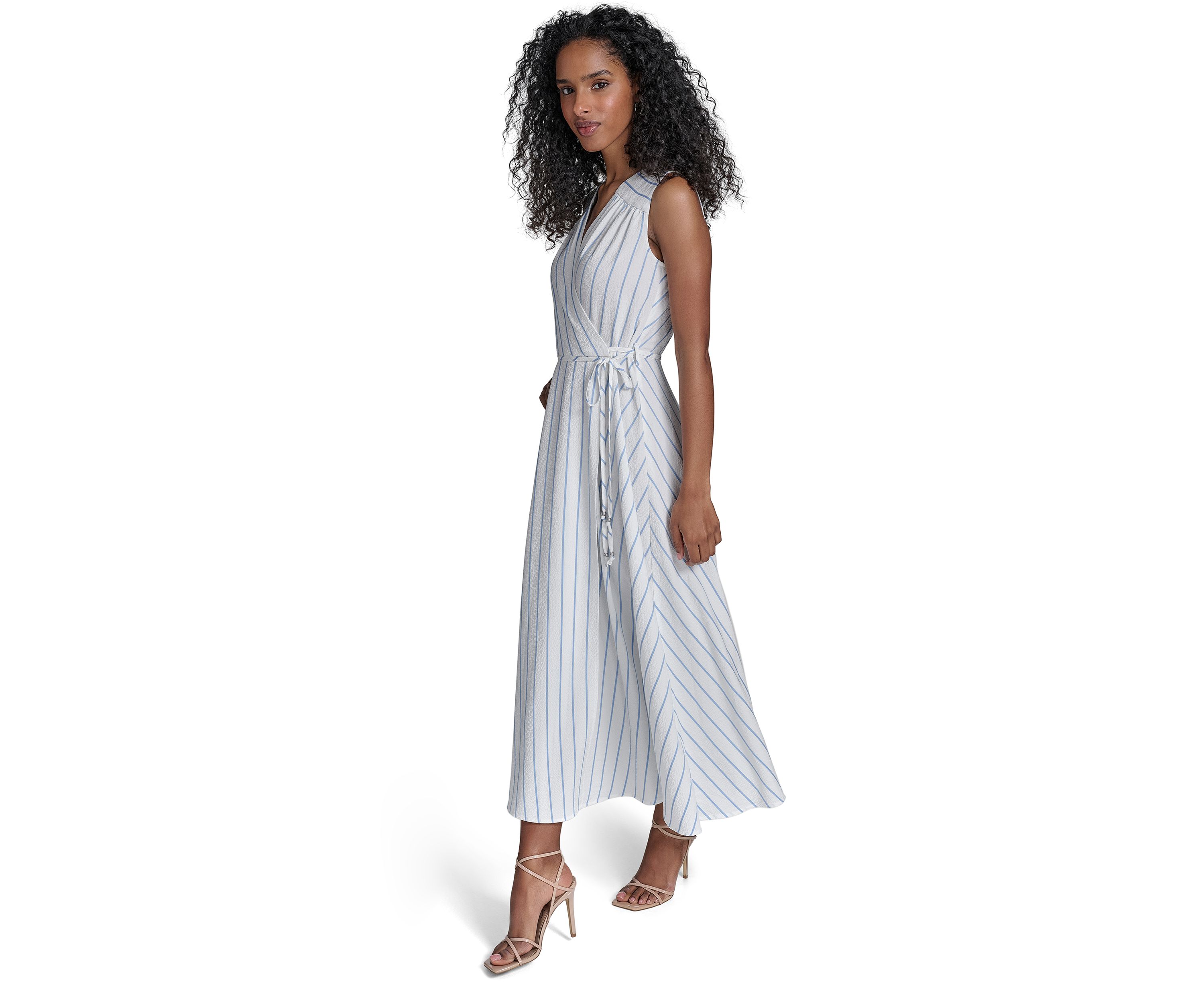 Womens Sleeveless V-Neck Stripe Print A-Line Dress