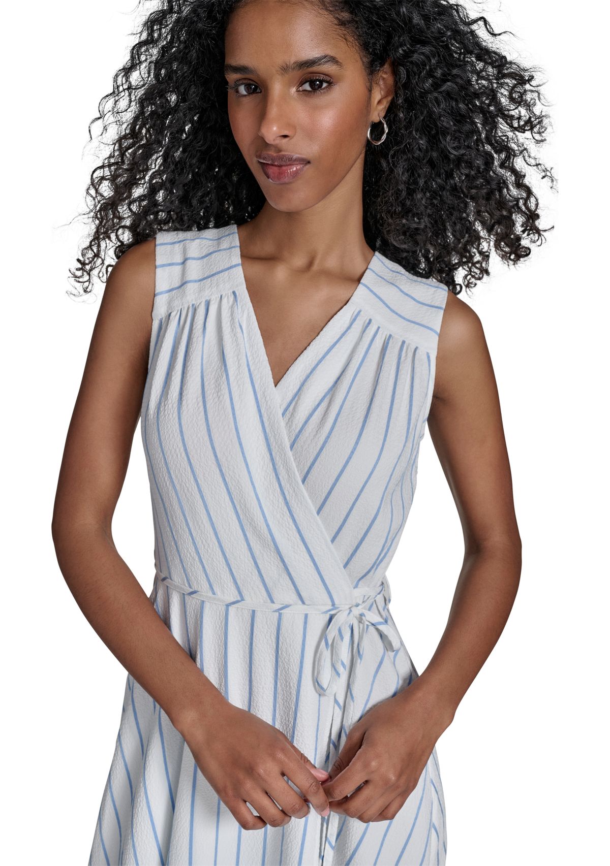 Womens Sleeveless V-Neck Stripe Print A-Line Dress