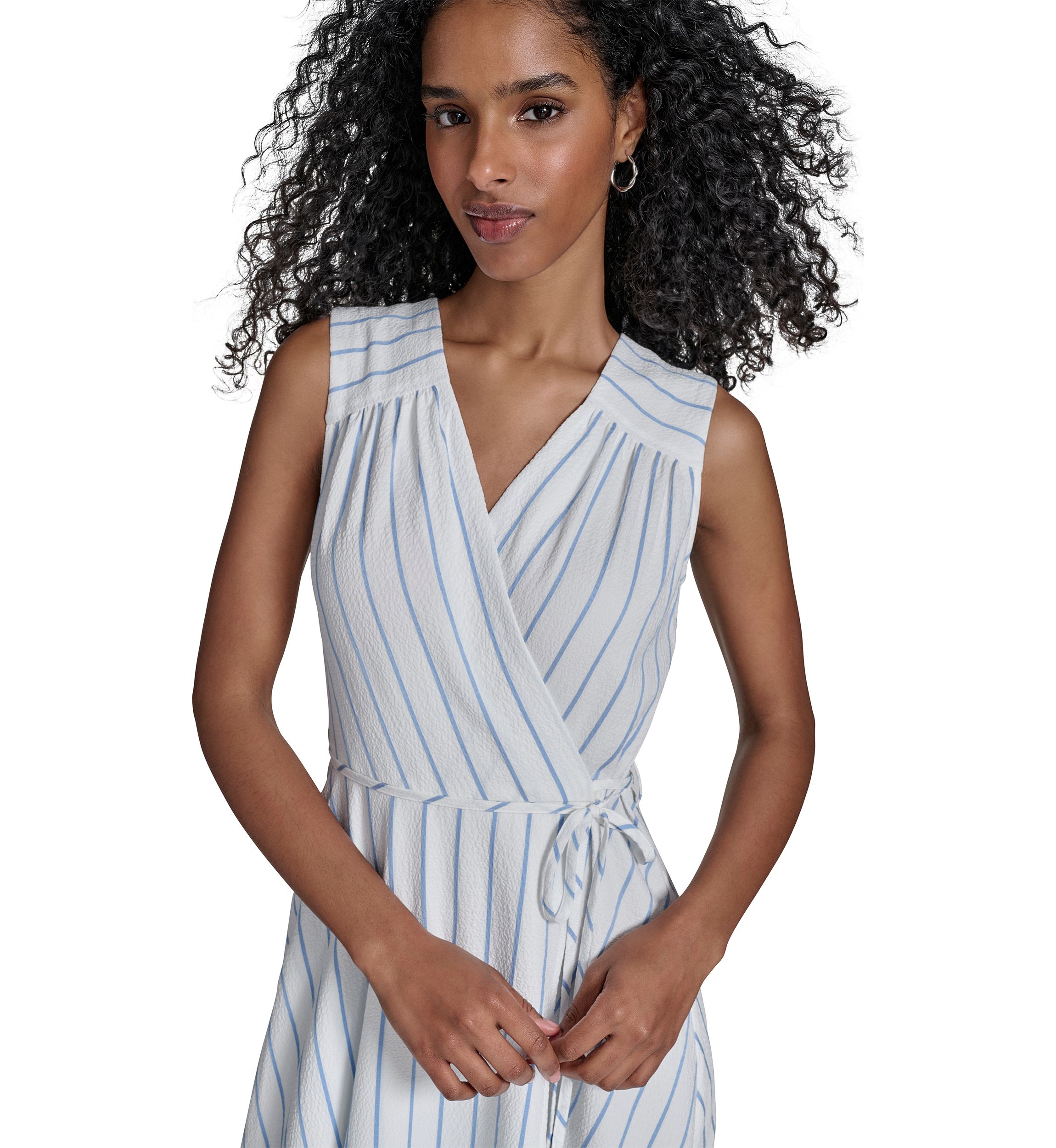Womens Sleeveless V-Neck Stripe Print A-Line Dress