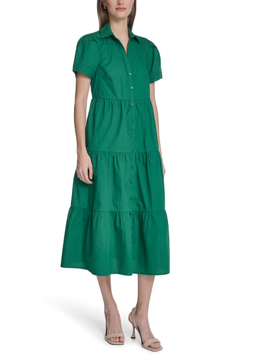 calvin klein blue green dress Calvin Klein Women's Short Sleeve Collared Floral Print Midi Dress