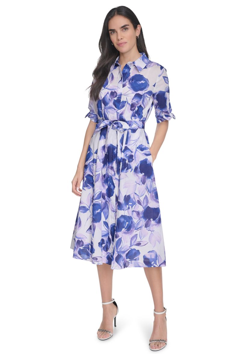 Womens Collared Floral Printed Fit and Flare Dress