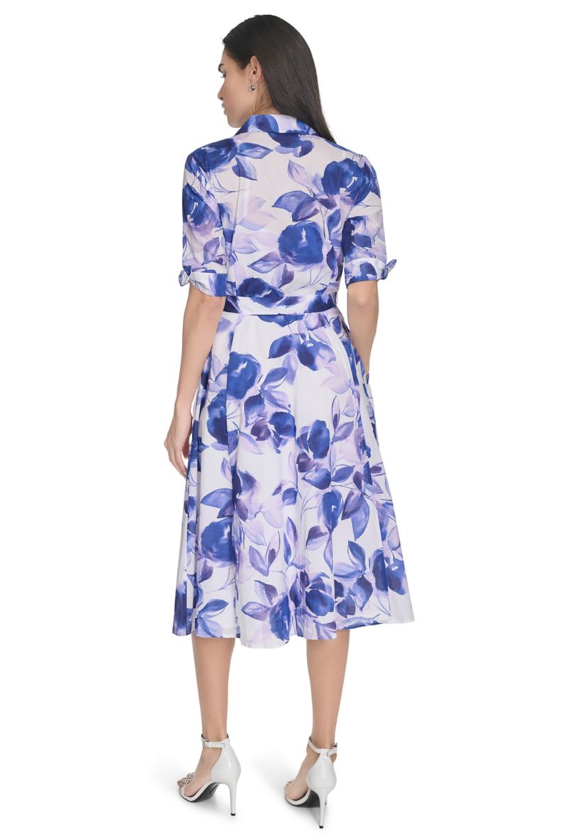 Womens Collared Floral Printed Fit and Flare Dress