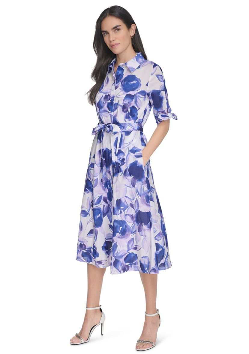 Womens Collared Floral Printed Fit and Flare Dress