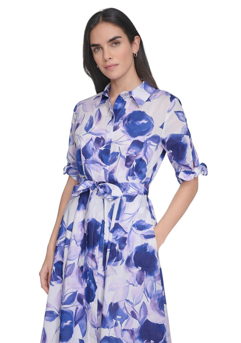 Womens Collared Floral Printed Fit and Flare Dress