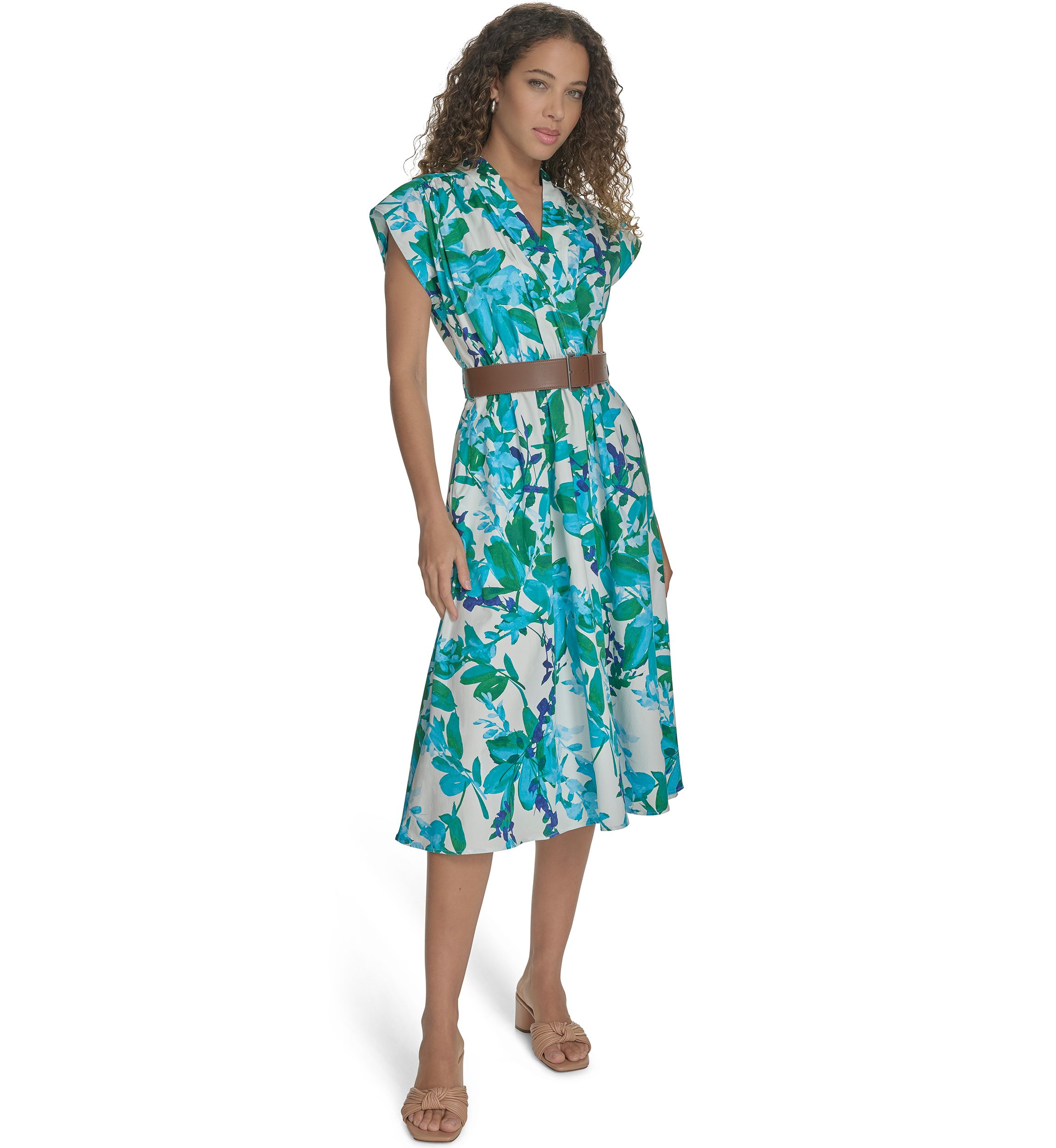 Womens Short Sleeve Collared Floral Print Midi Dress