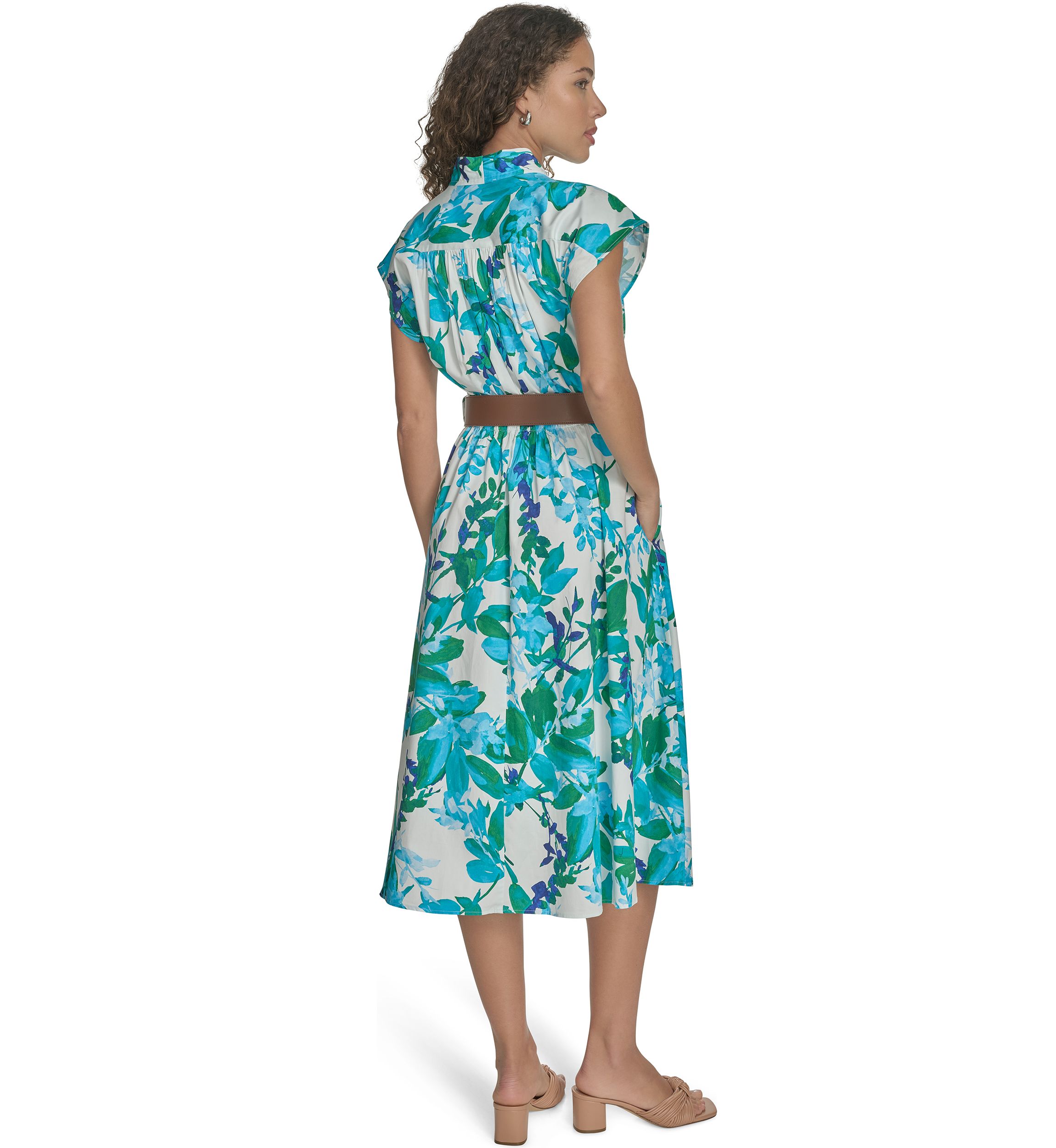 Womens Short Sleeve Collared Floral Print Midi Dress