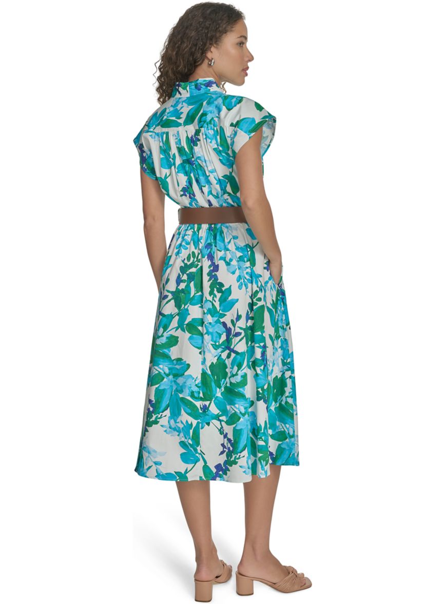 Womens Short Sleeve Collared Floral Print Midi Dress