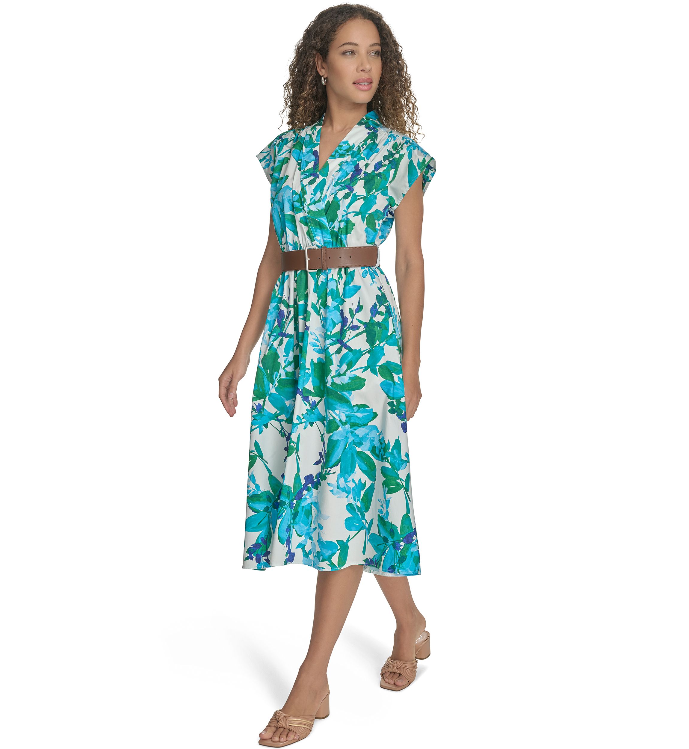 Womens Short Sleeve Collared Floral Print Midi Dress