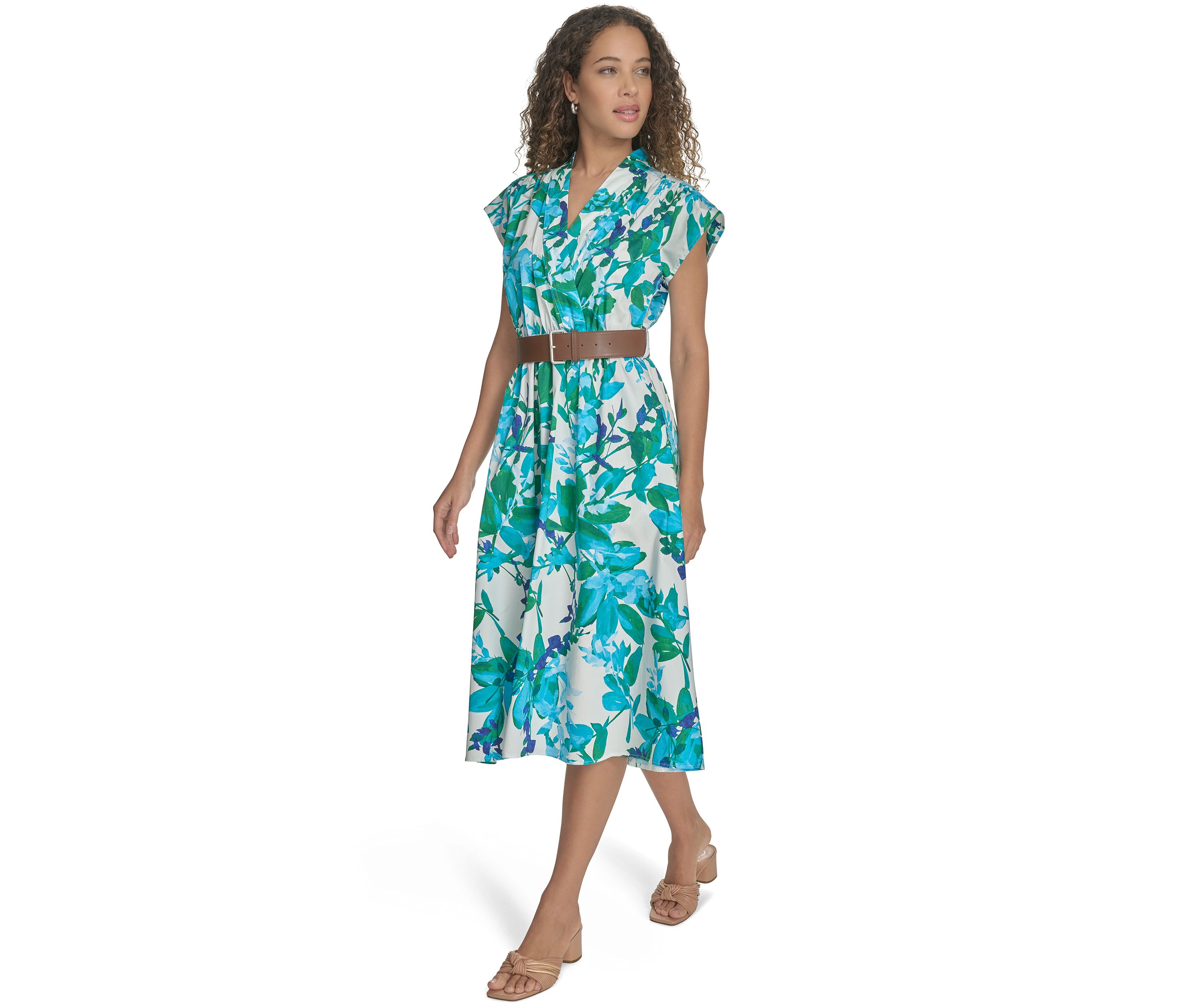 Womens Short Sleeve Collared Floral Print Midi Dress