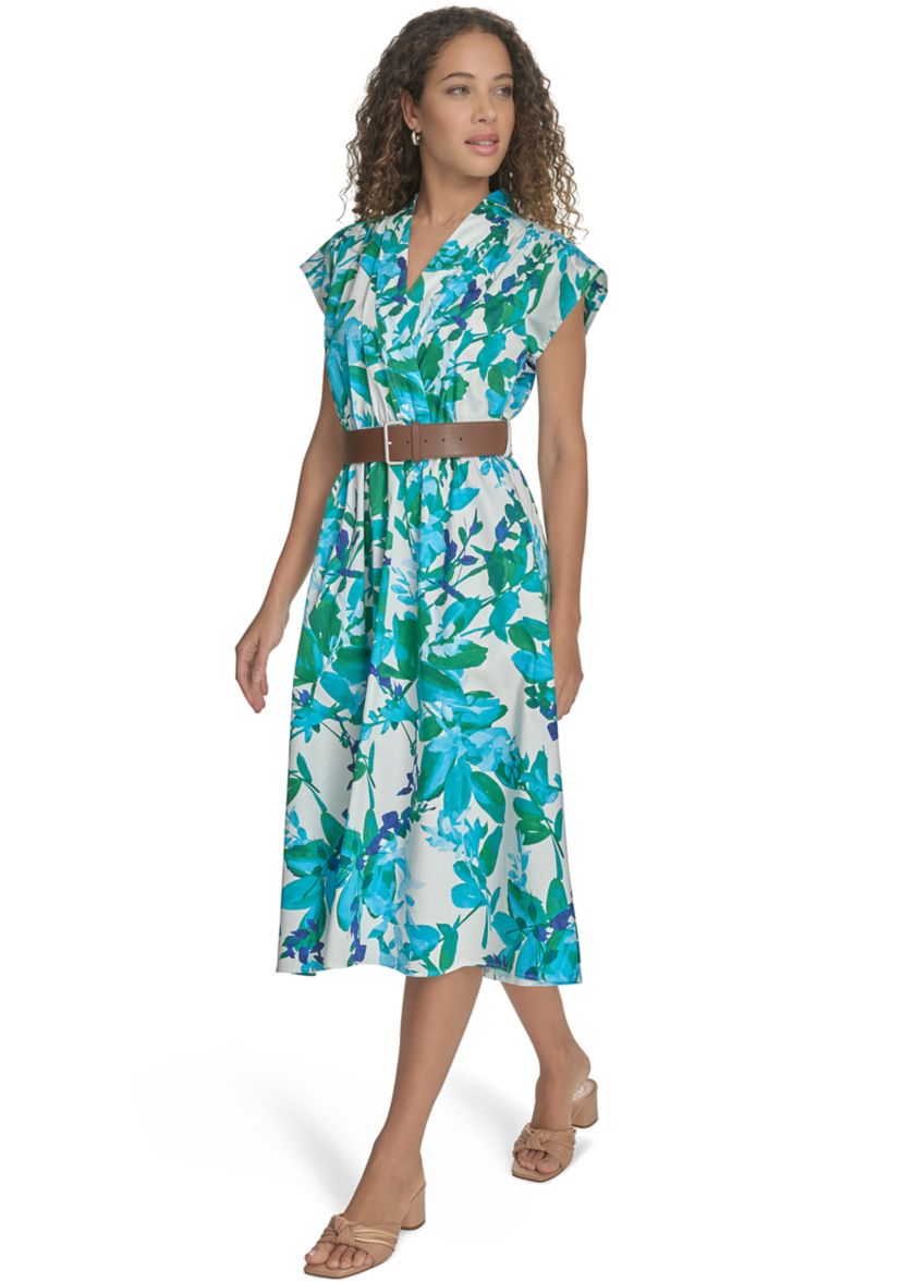 Womens Short Sleeve Collared Floral Print Midi Dress
