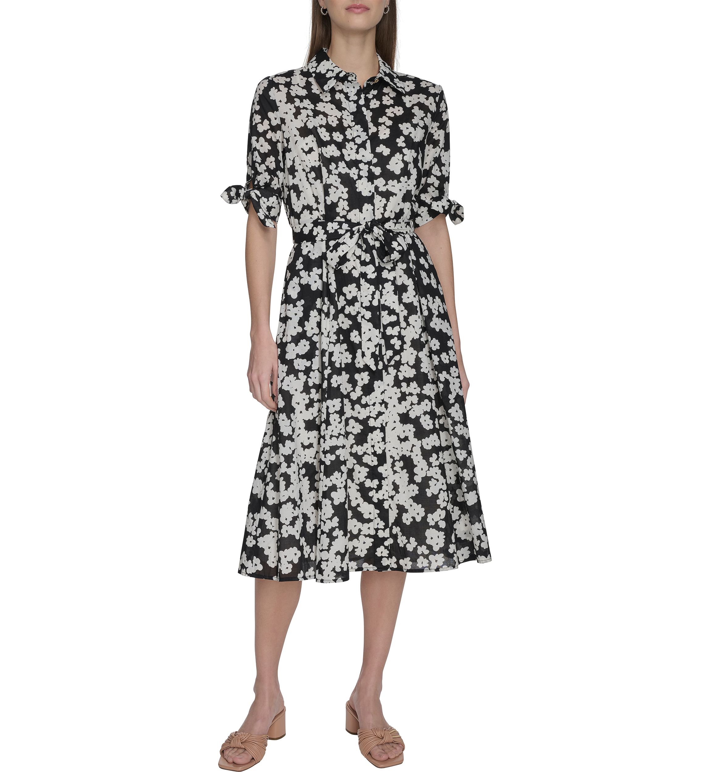 Womens Short Sleeve Collar Floral Print A-Line Dress