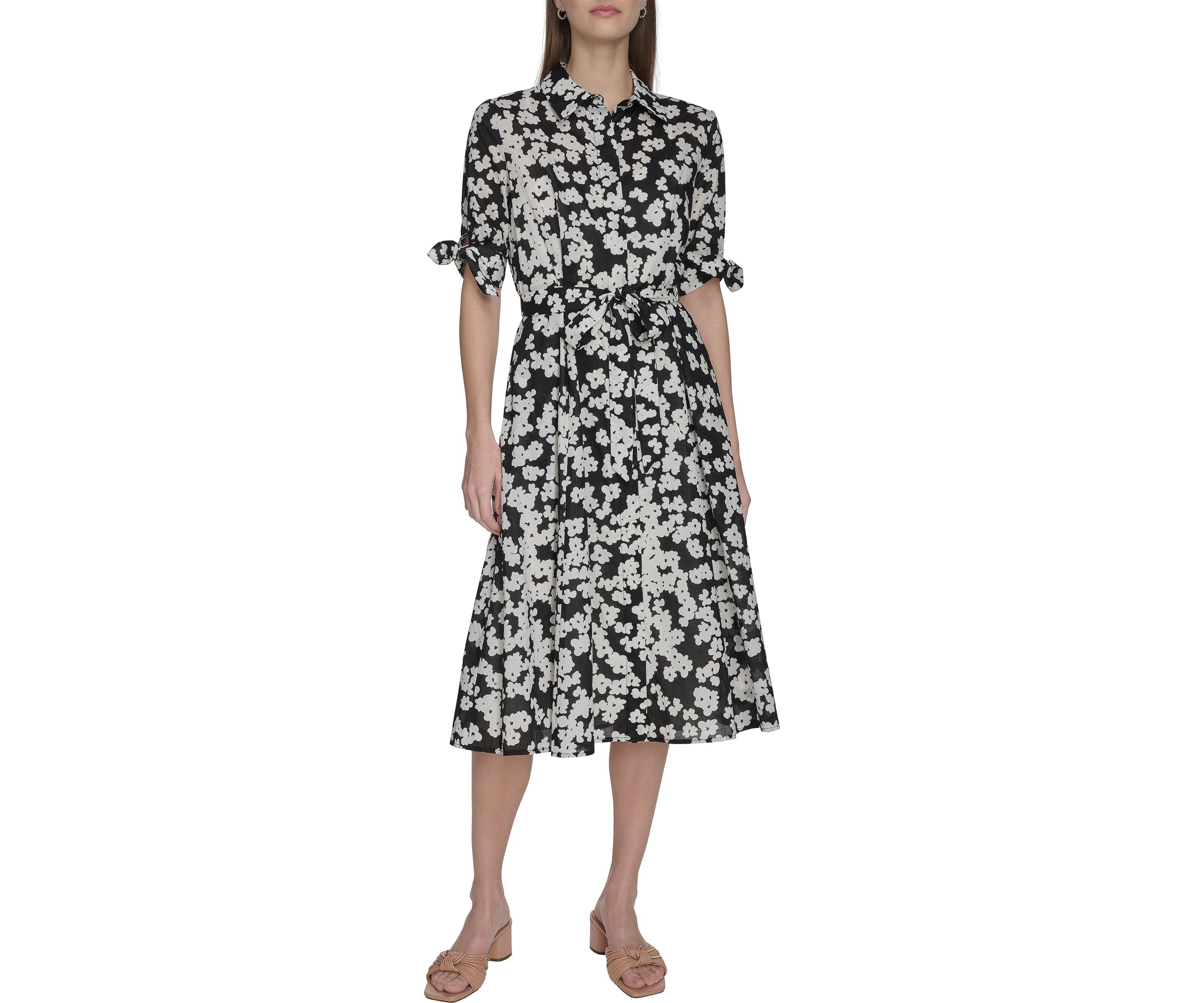 Womens Short Sleeve Collar Floral Print A-Line Dress