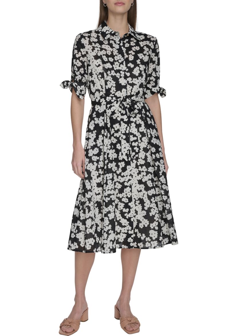 Womens Short Sleeve Collar Floral Print A-Line Dress