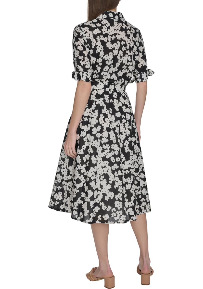 Womens Short Sleeve Collar Floral Print A-Line Dress