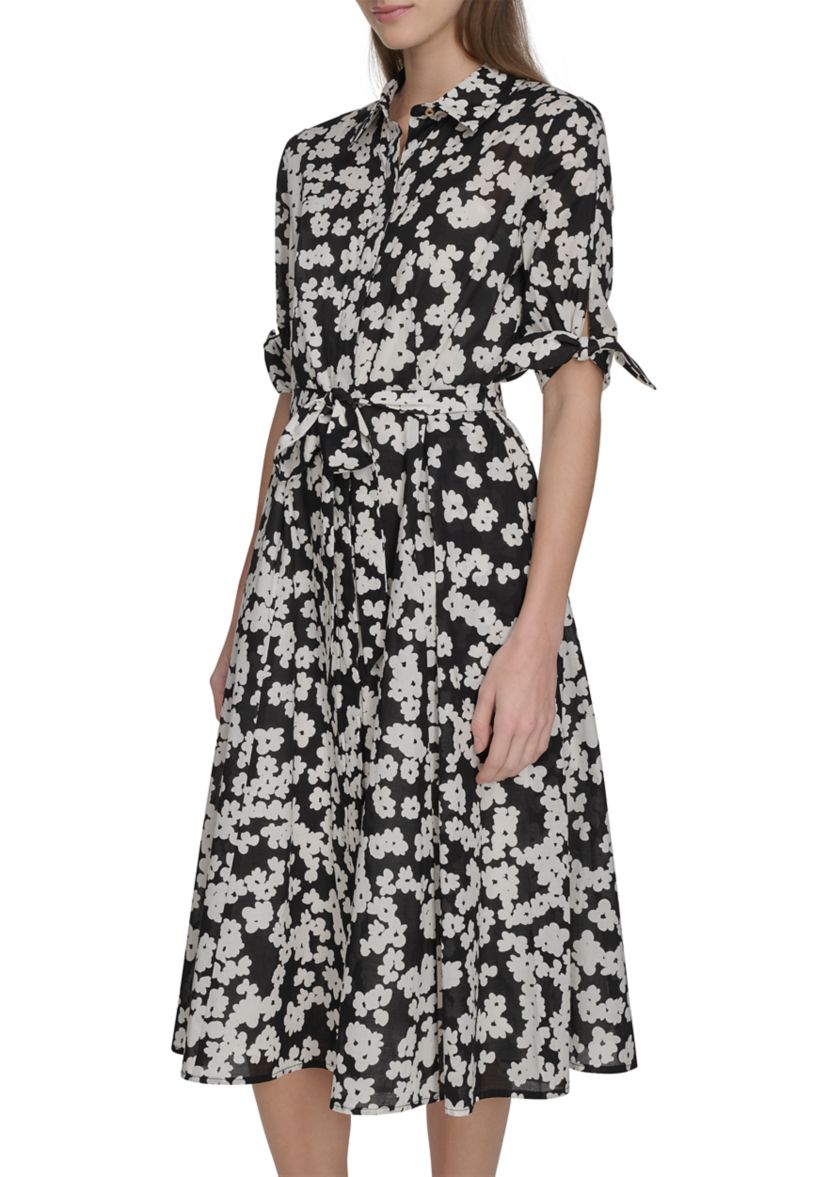 Womens Short Sleeve Collar Floral Print A-Line Dress