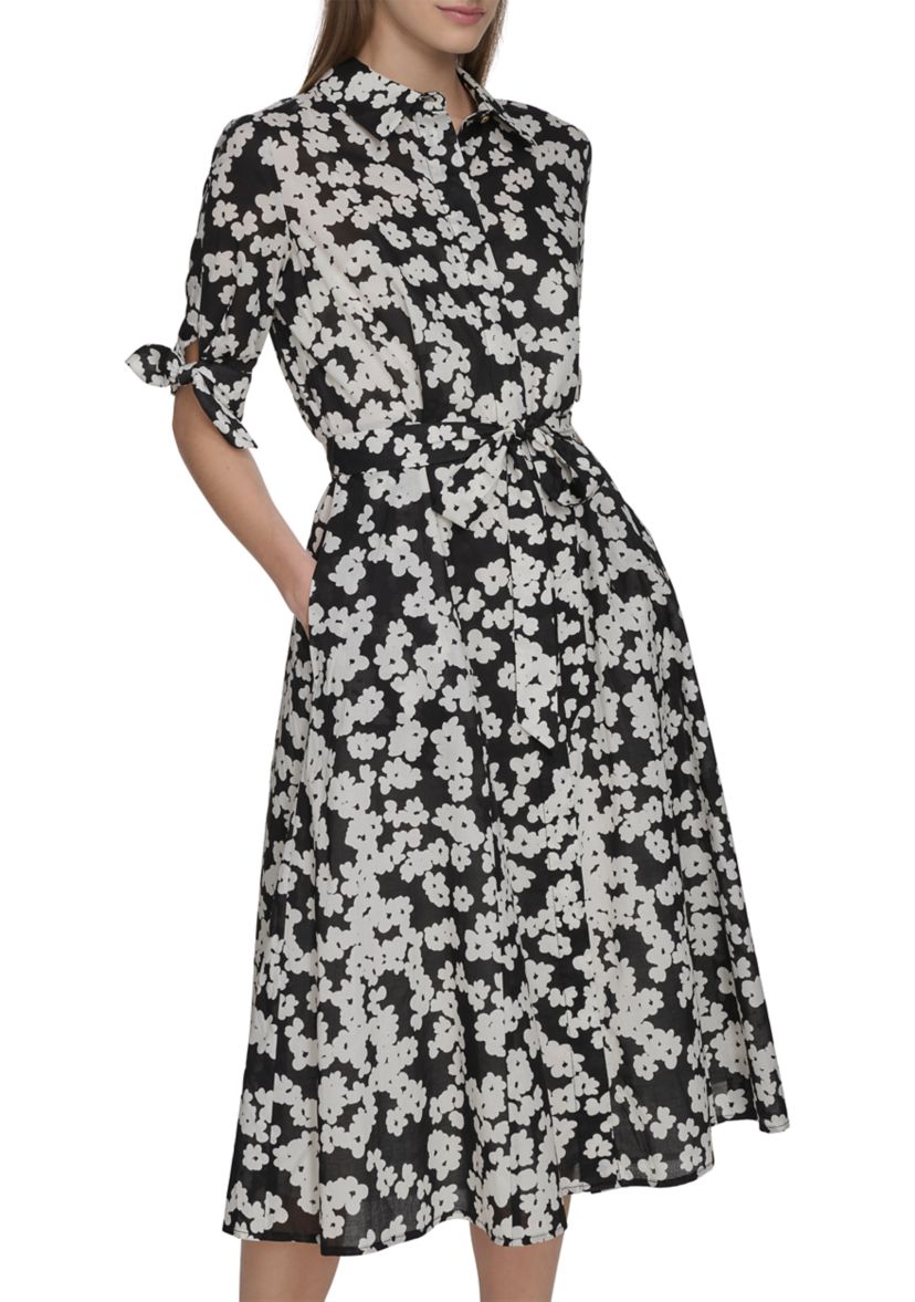 Womens Short Sleeve Collar Floral Print A-Line Dress