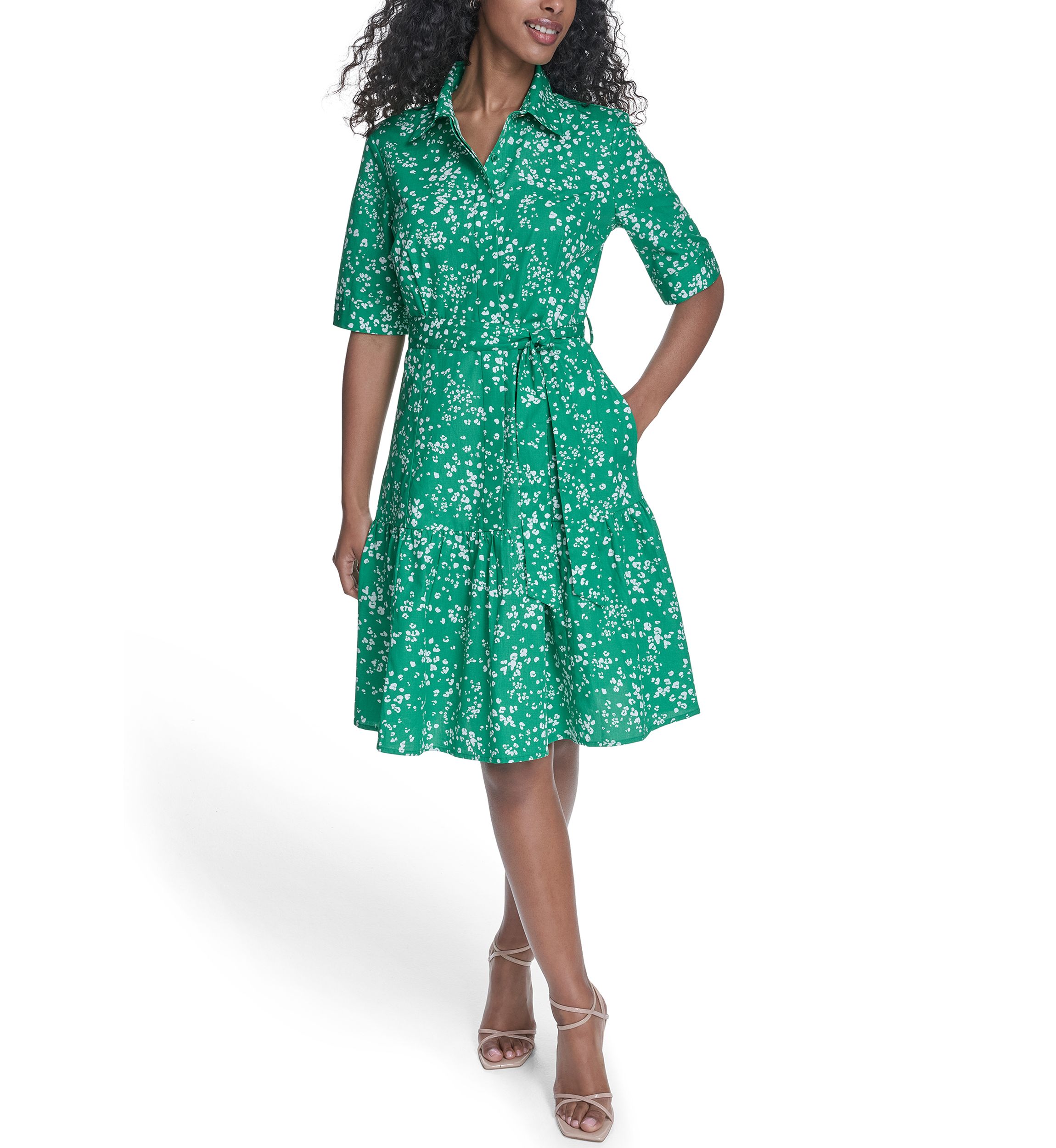 Calvin Klein Women's Short-Sleeve Tiered Shirt Dress - Fern Cream - 14