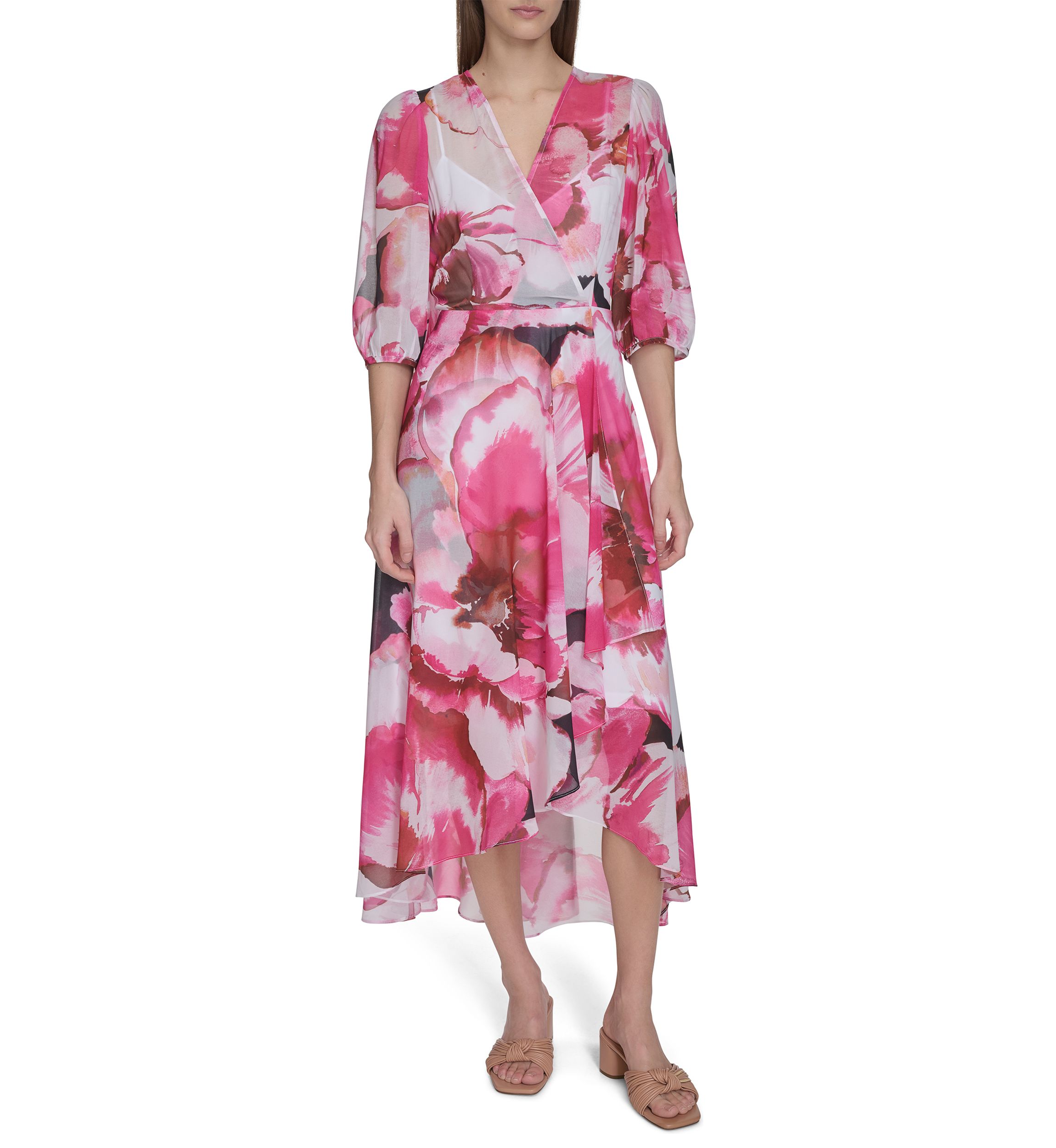 Womens 3/4 Blouson Sleeve Floral Print A-Line Dress